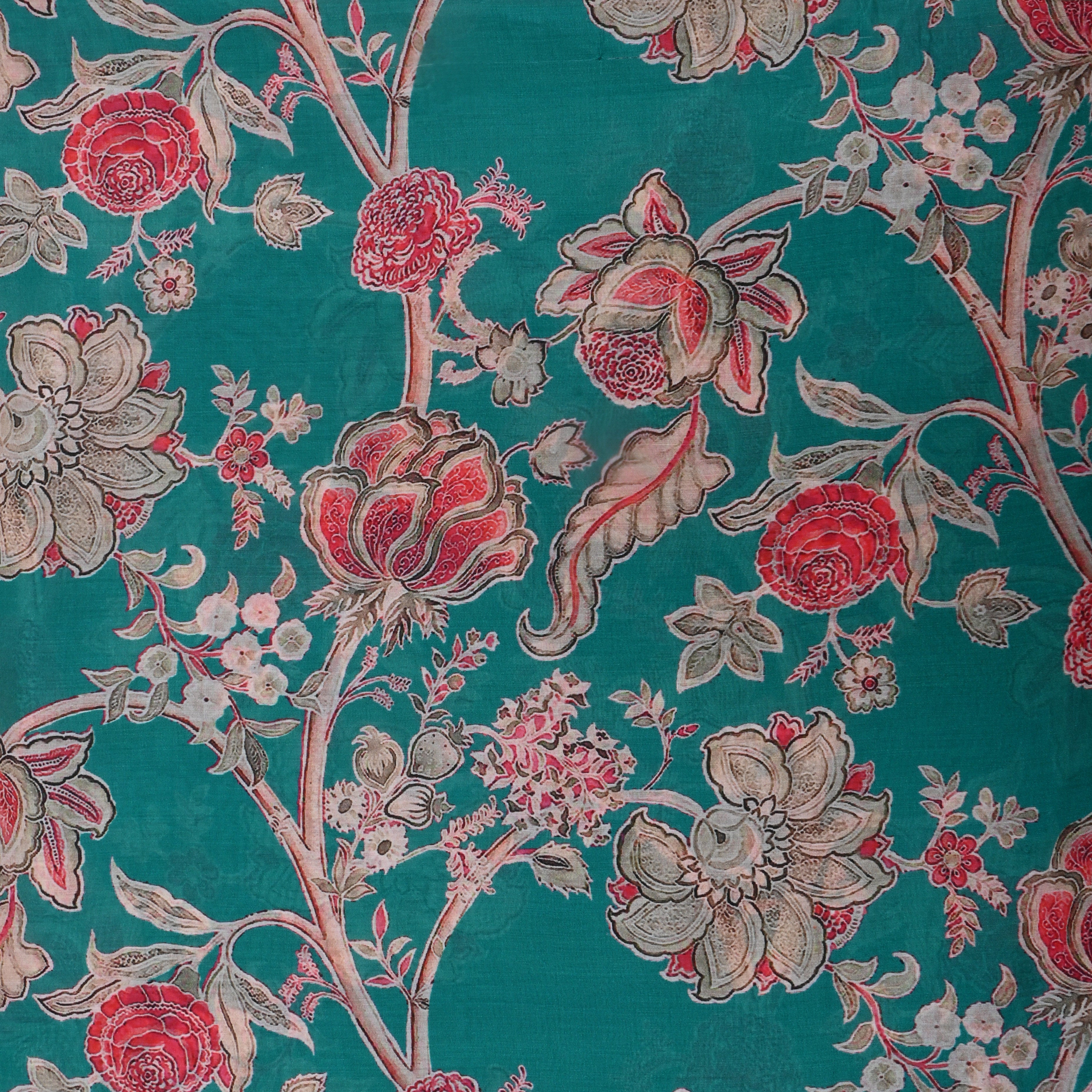 Teal Blue Floral Printed Silk Fabric