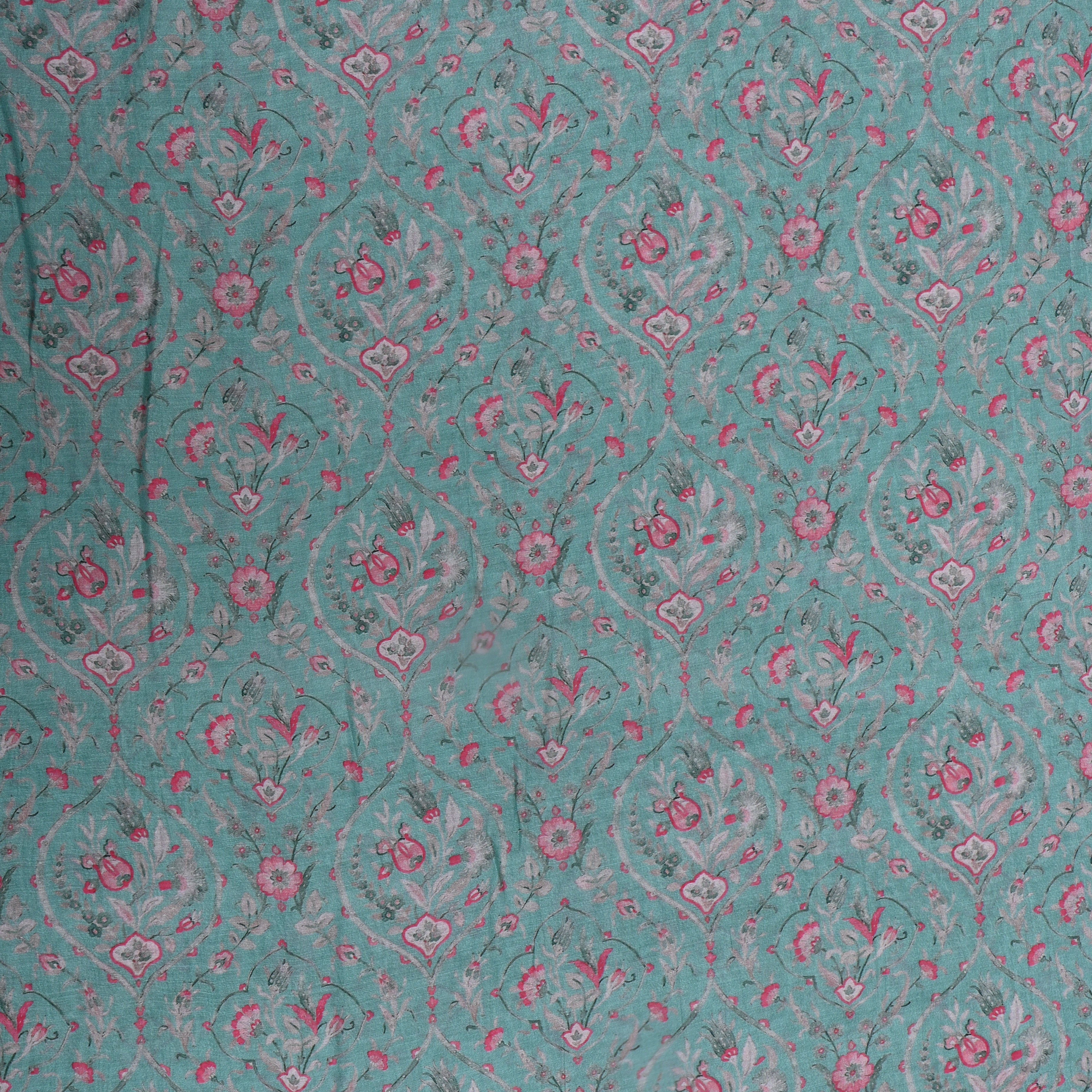 Marine Teal Blue Floral Printed Chanderi Fabric