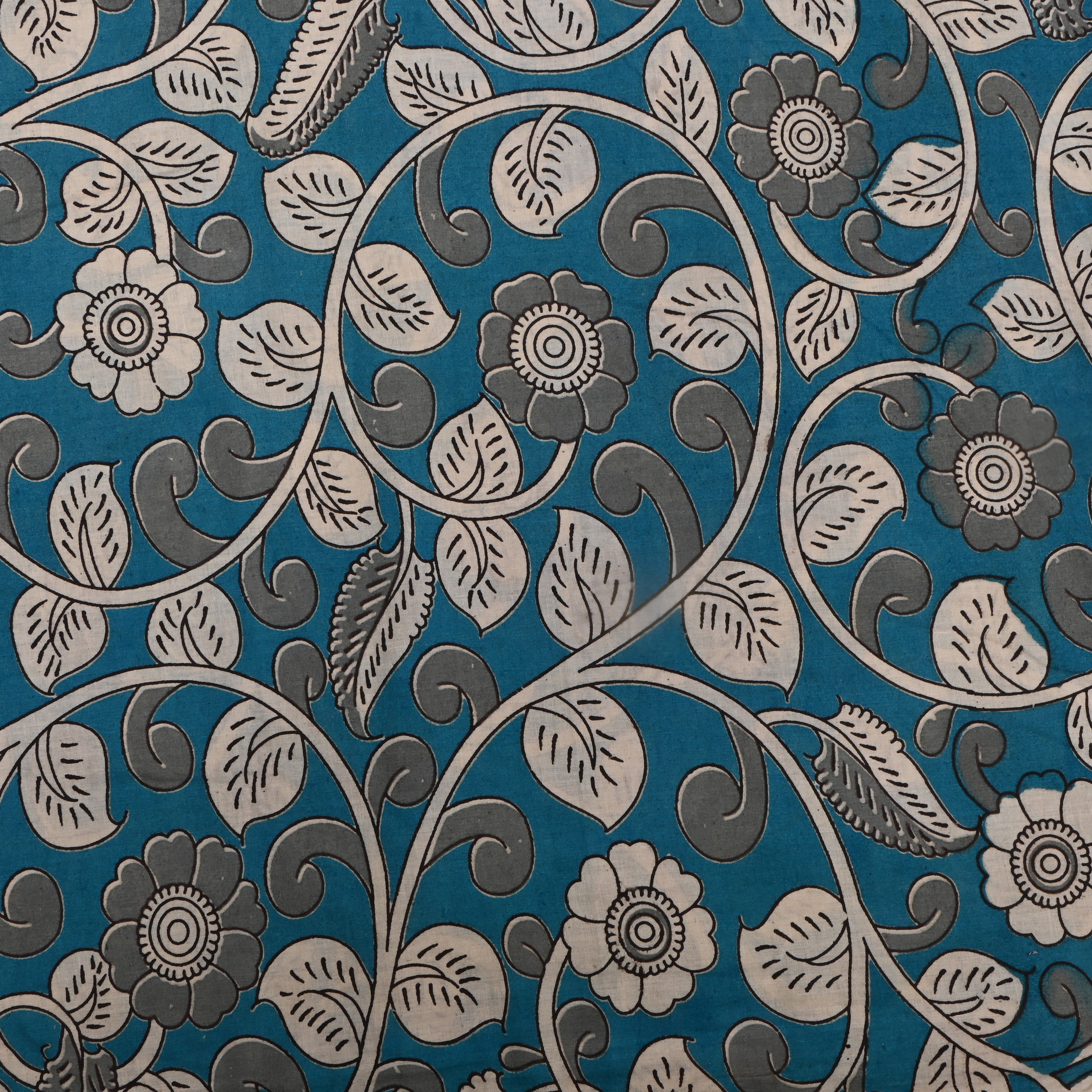 Teal Blue Kalamkari Printed Cotton Fabric
