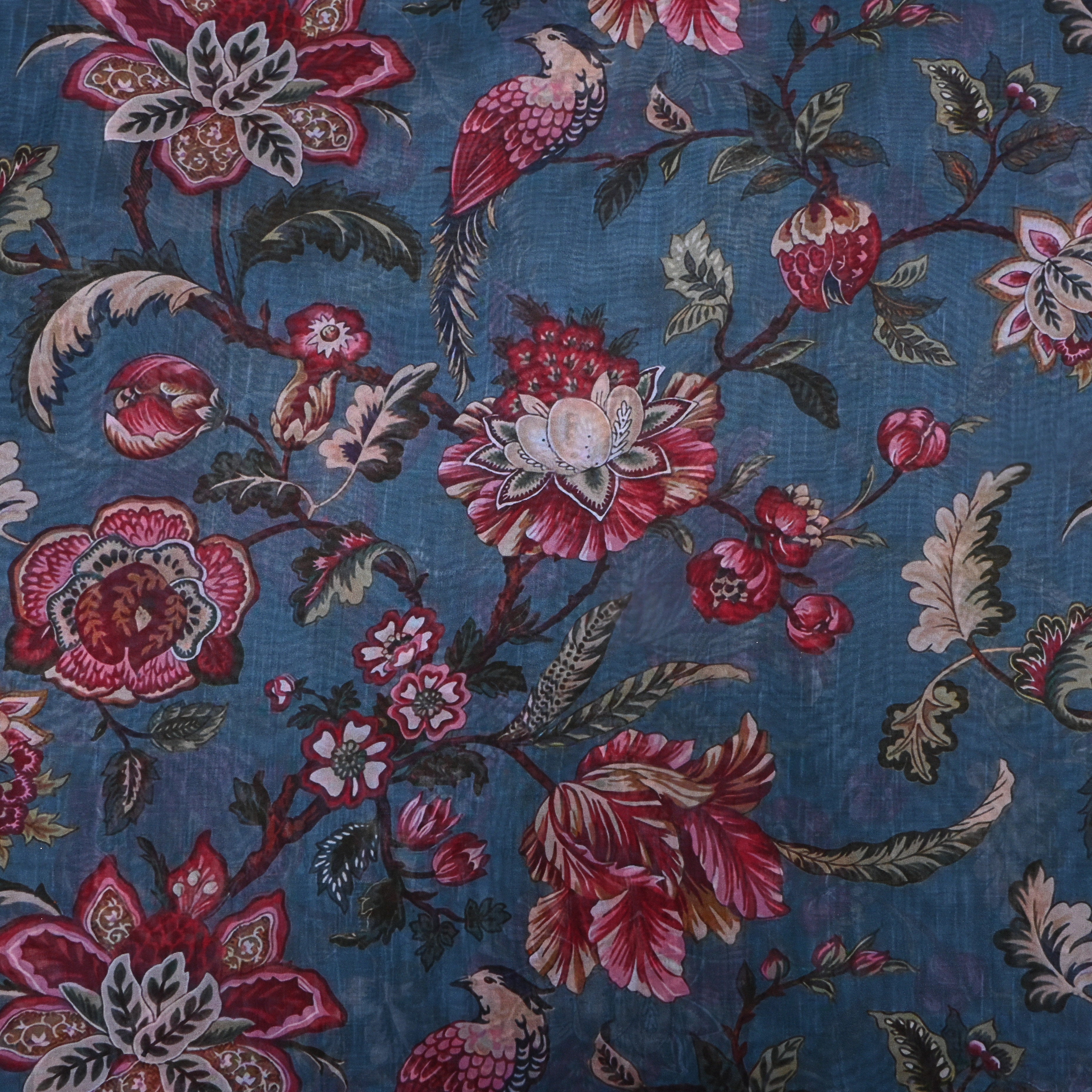 Teal Blue Printed Floral Silk Fabric