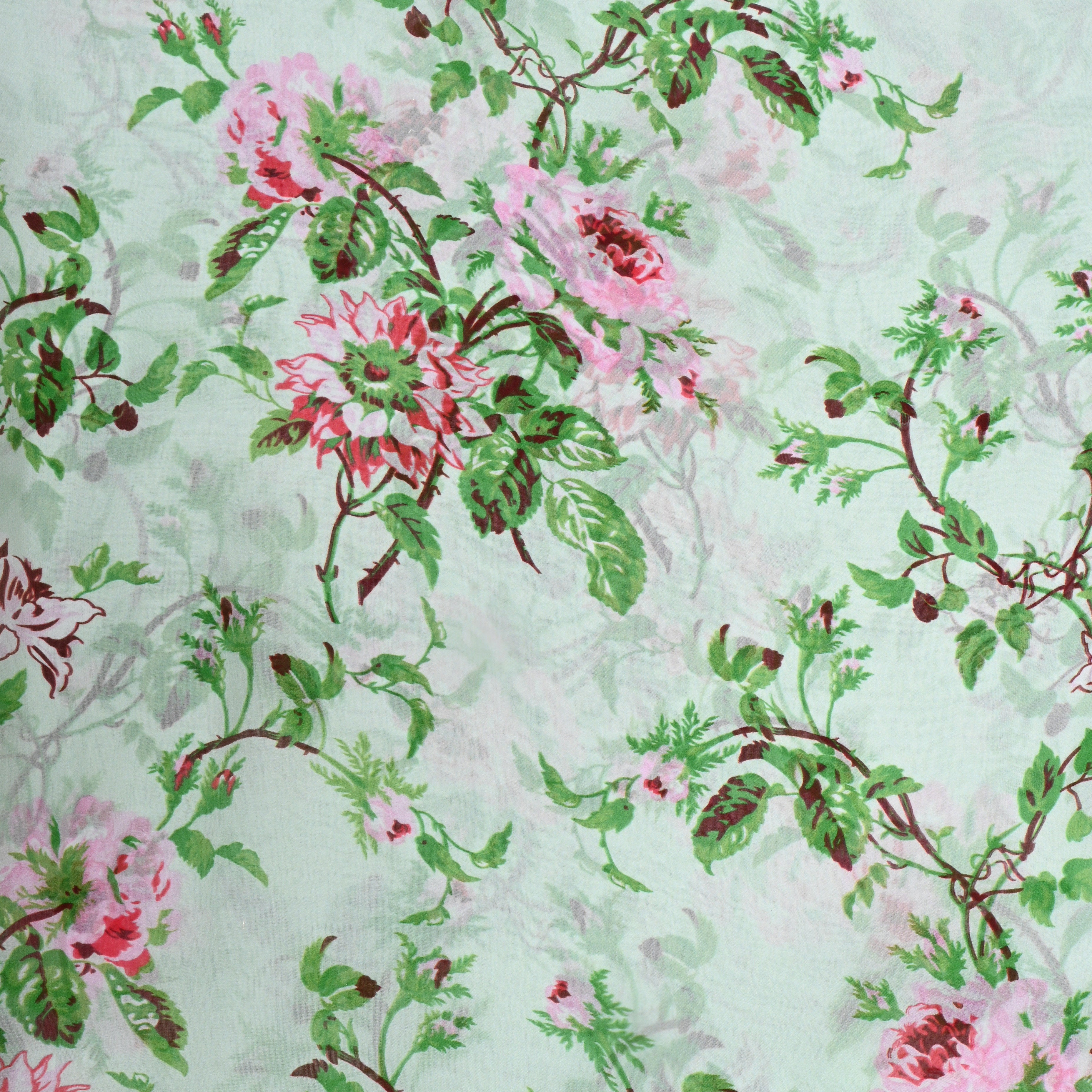 Light Pastel Green Chiffon With Floral Print