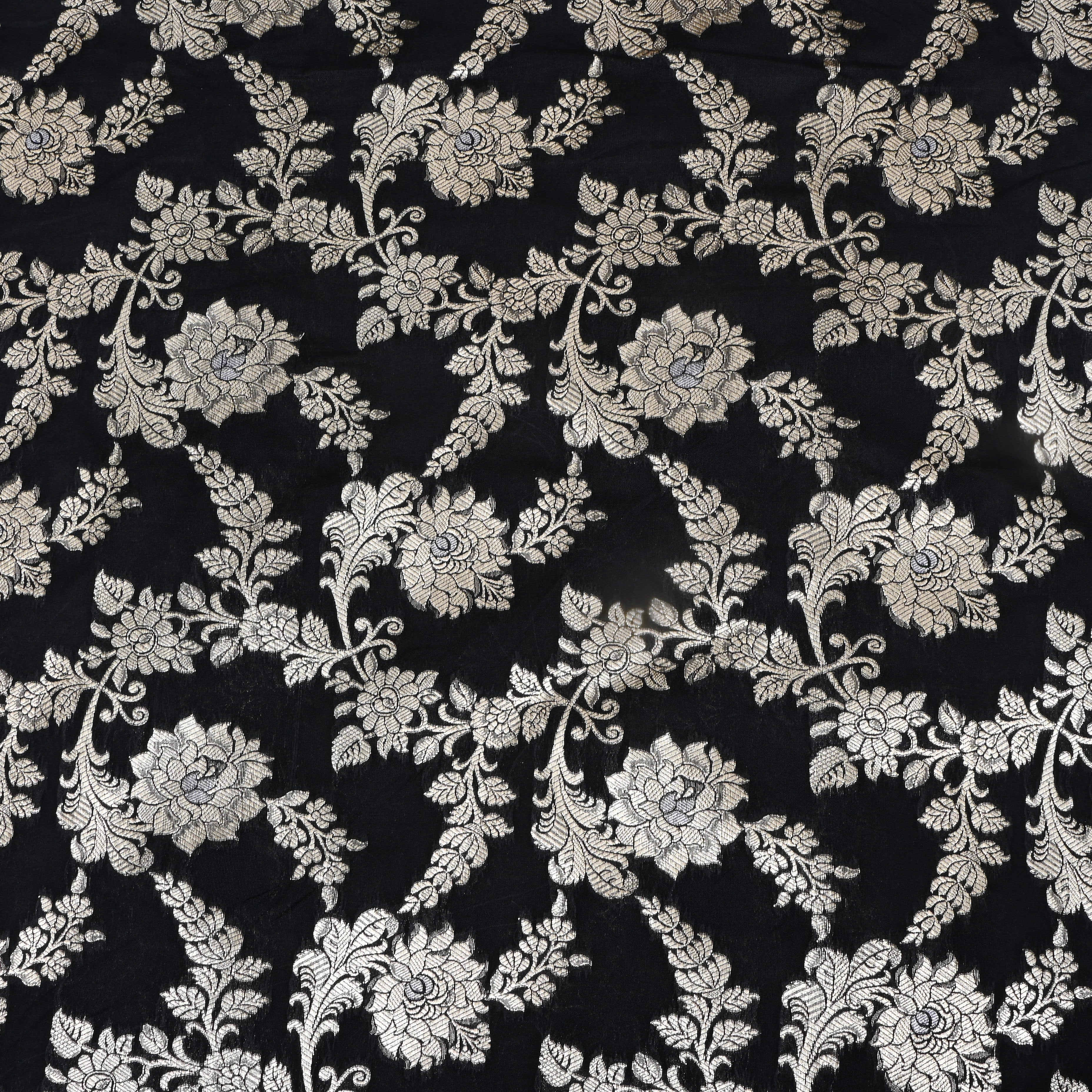 Black Floral Zari Woven Jamawar Silk Fabric