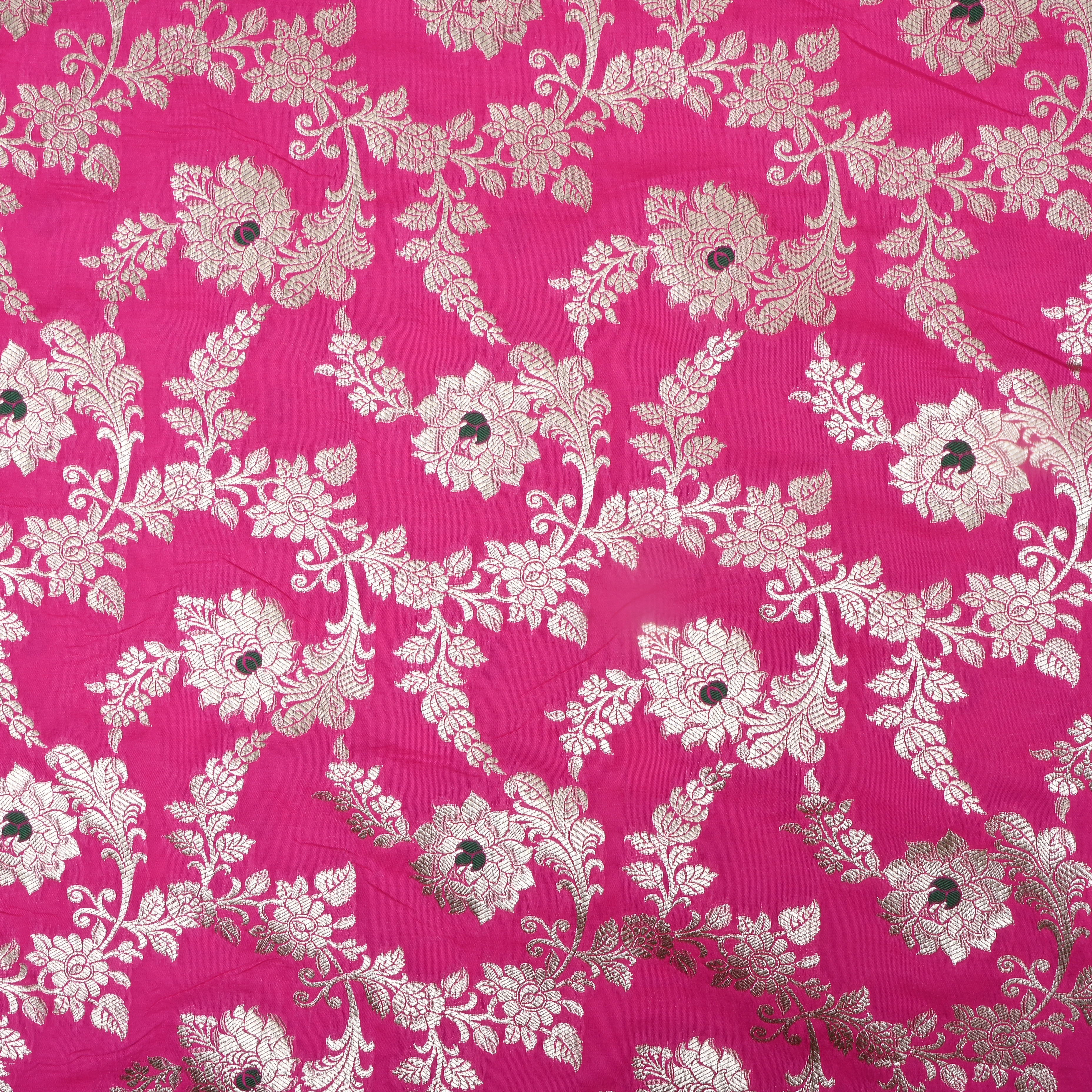 Hot Pink Floral Zari Woven Jamawar Silk Fabric