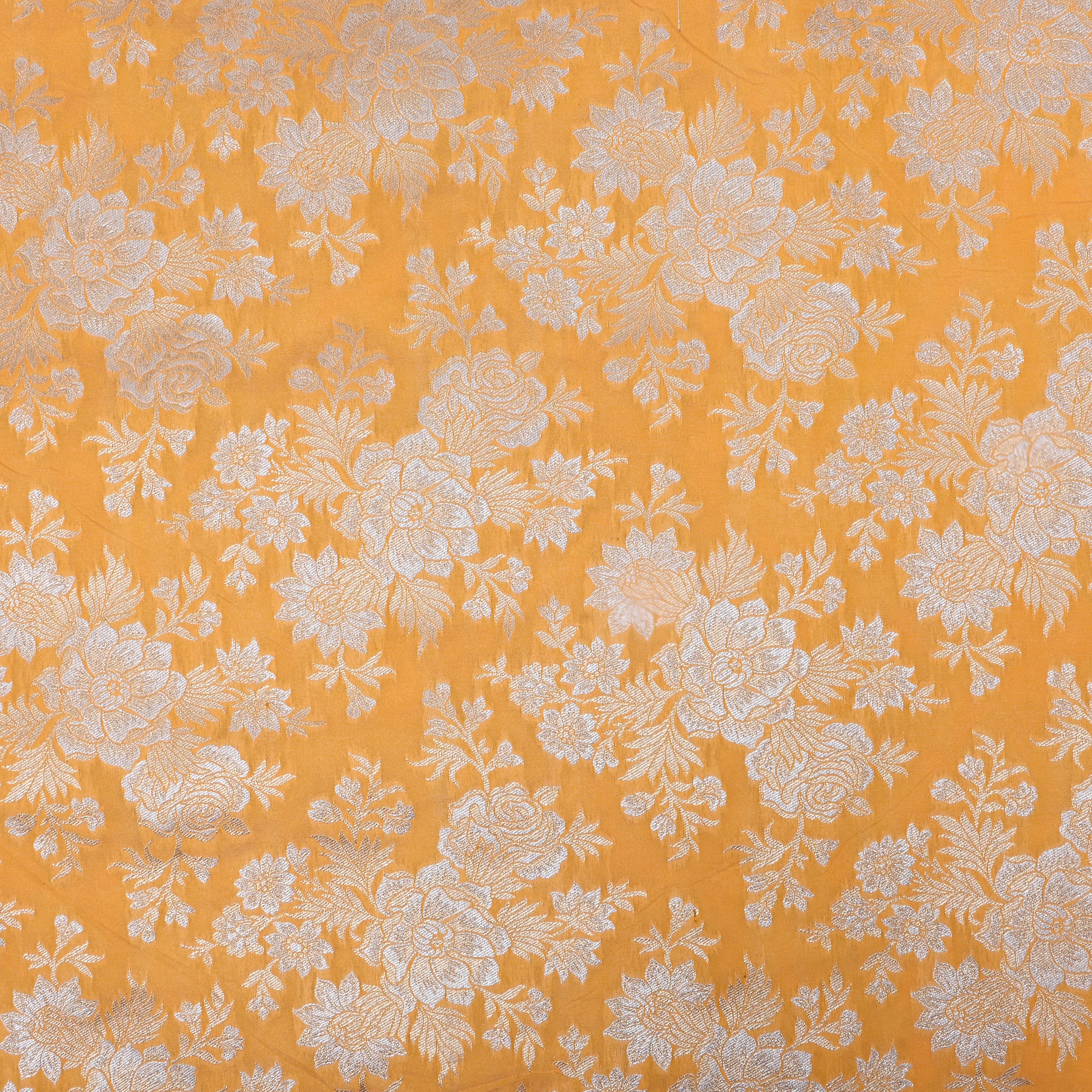 Bright Orange Floral Zari Woven Jamawar Silk Fabric