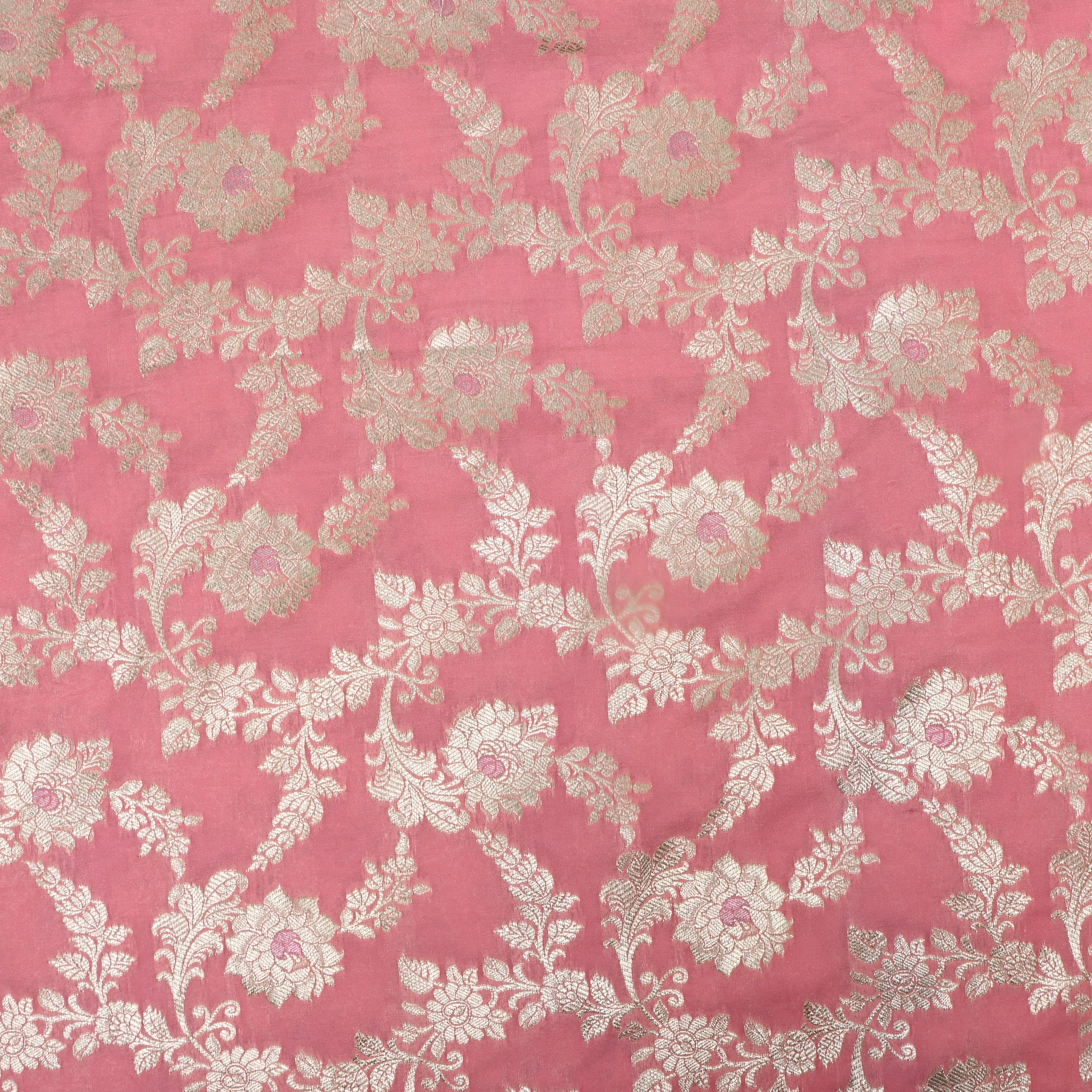 Taffy Pink Floral Zari Woven Jamawar Silk Fabric