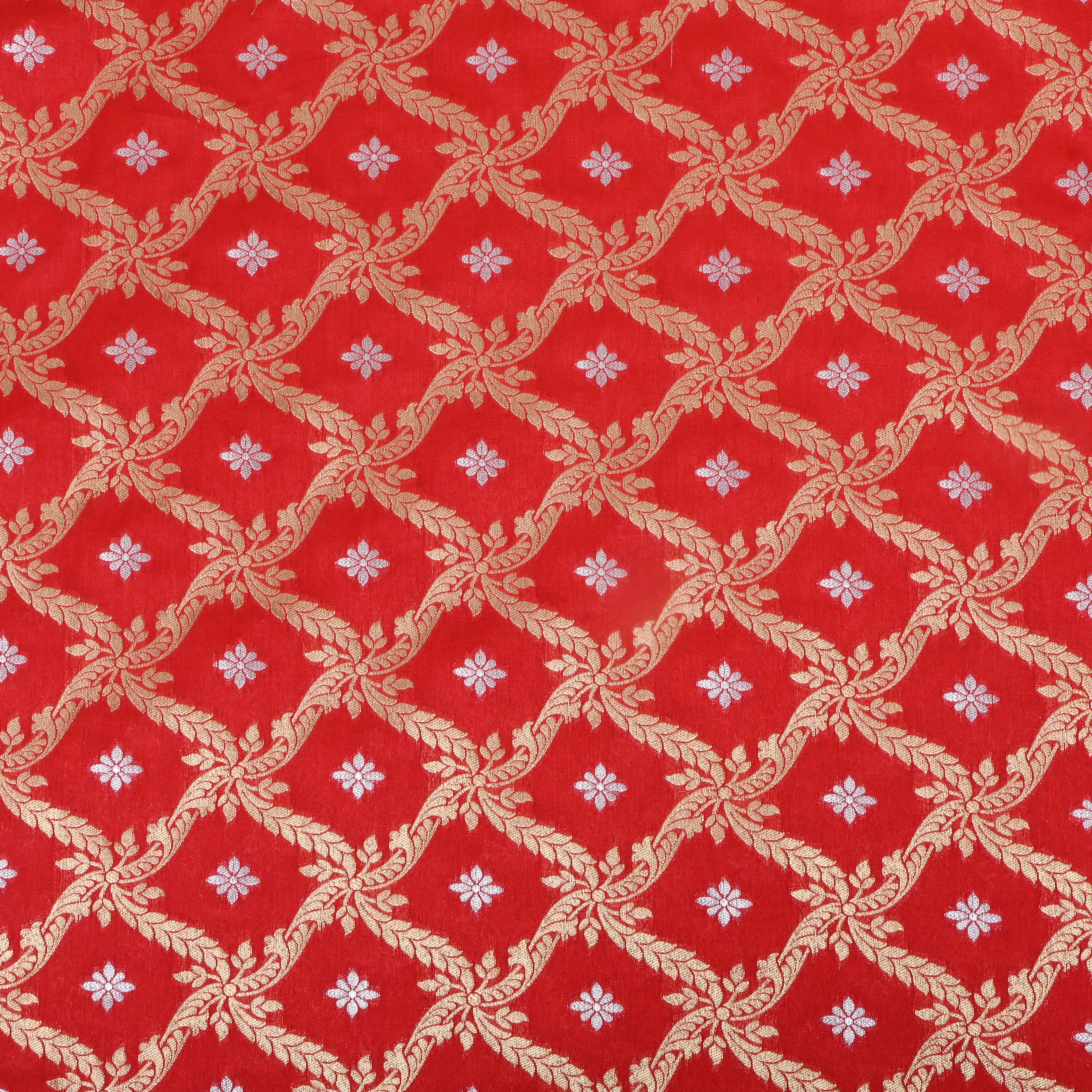 Scarlet Red Floral Jamawar Silk Fabric