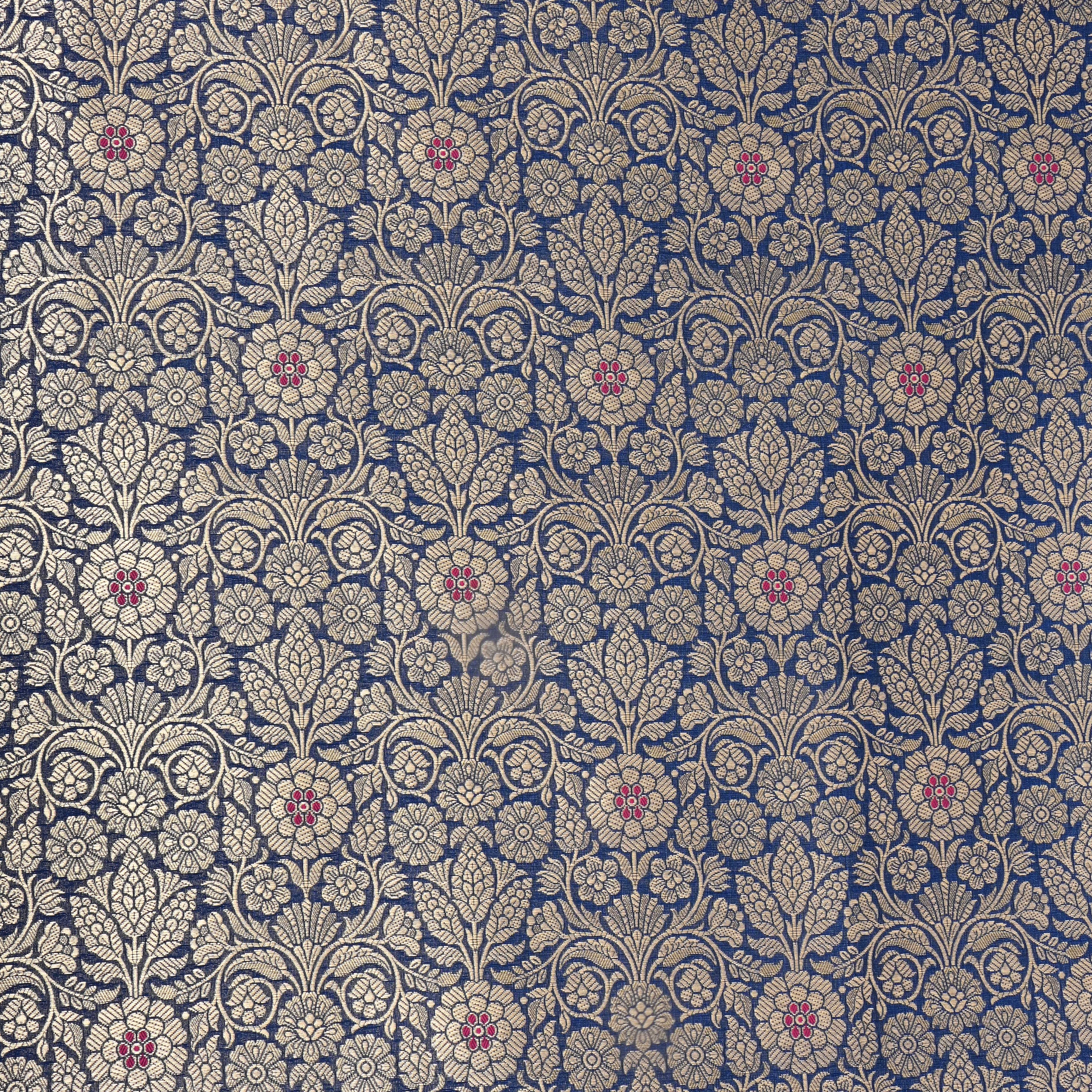 Classic Blue Floral Jamawar Silk Fabric