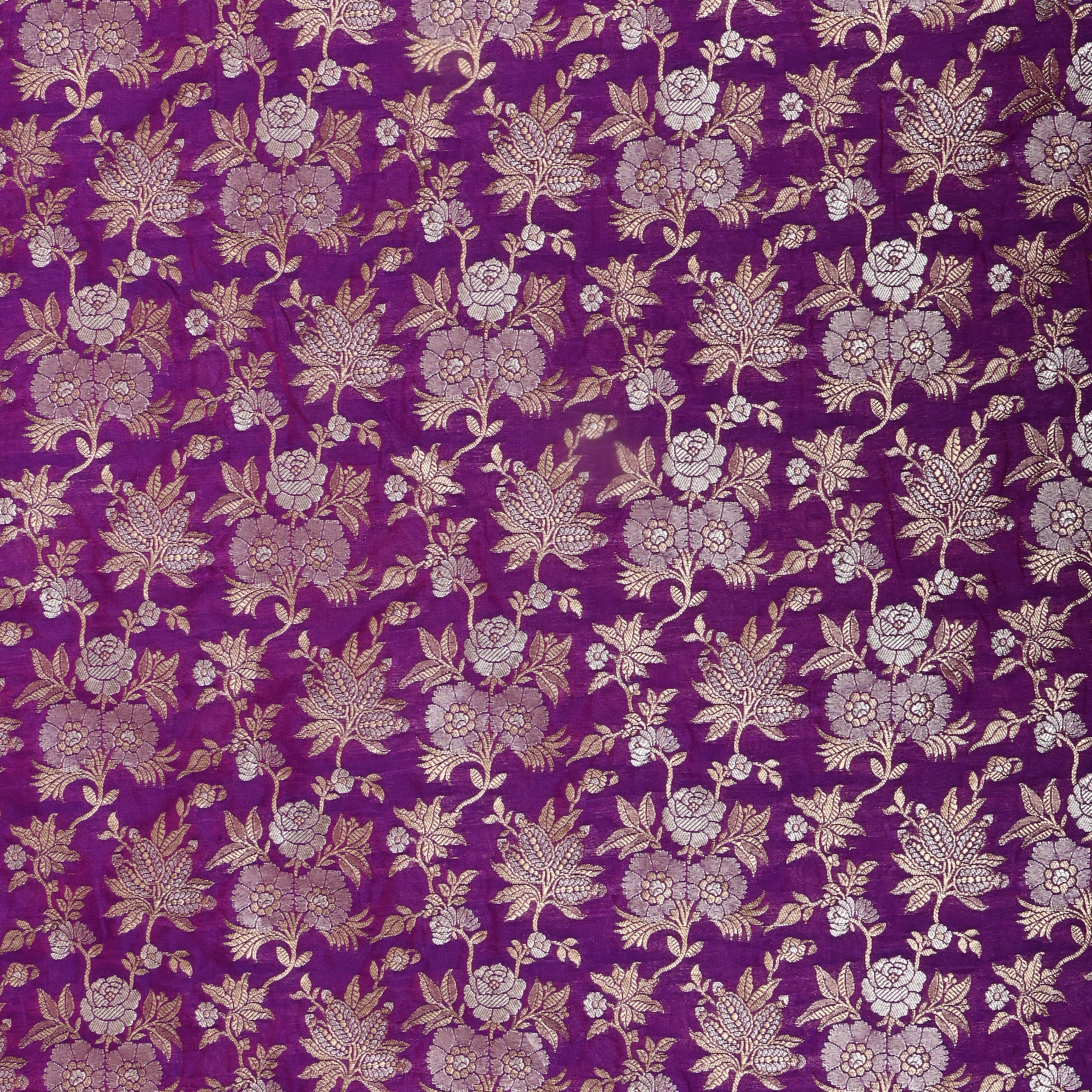 Bright Purple Floral Jamawar Silk Fabric