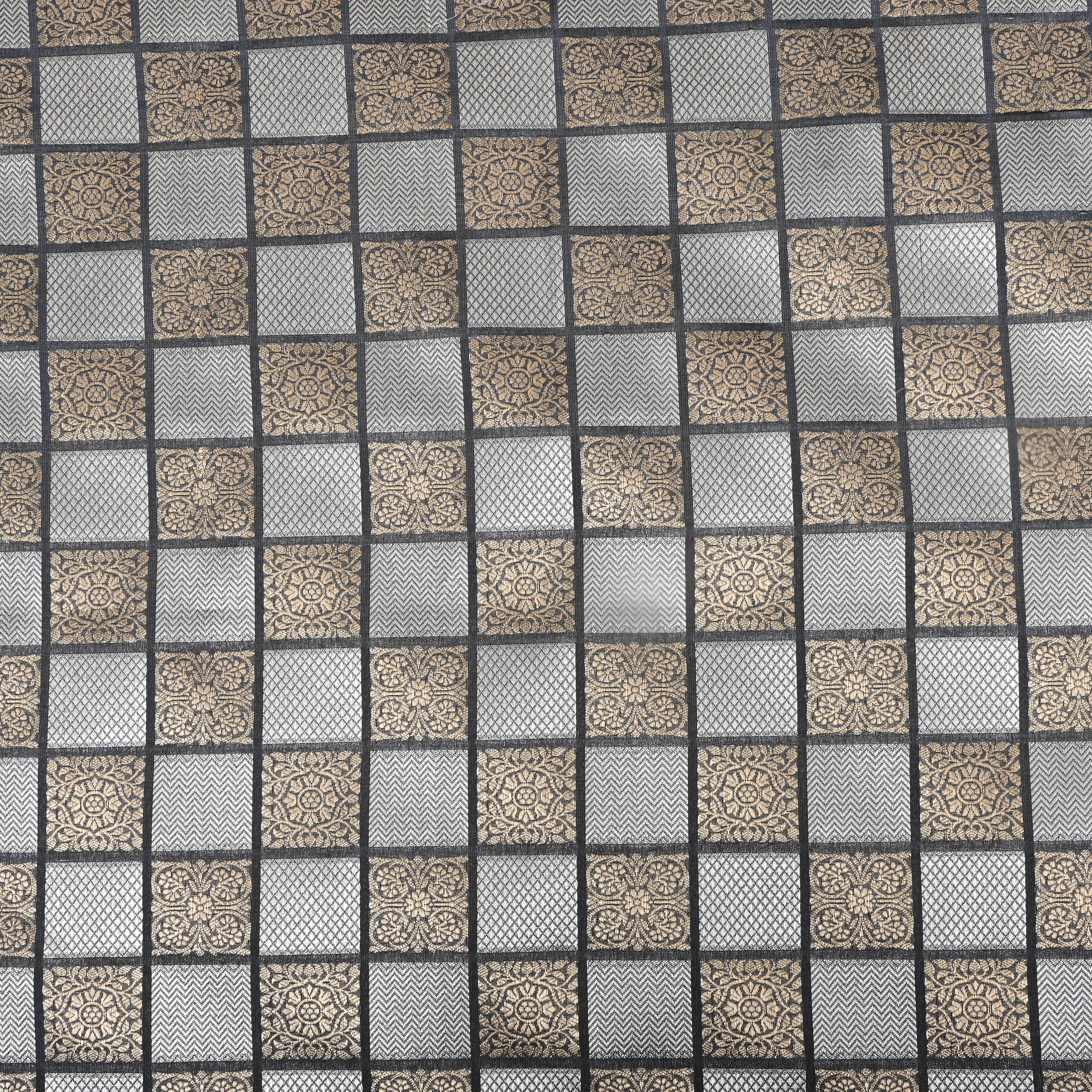 Charcoal Grey Floral And Chevron Jamawar Silk Fabric