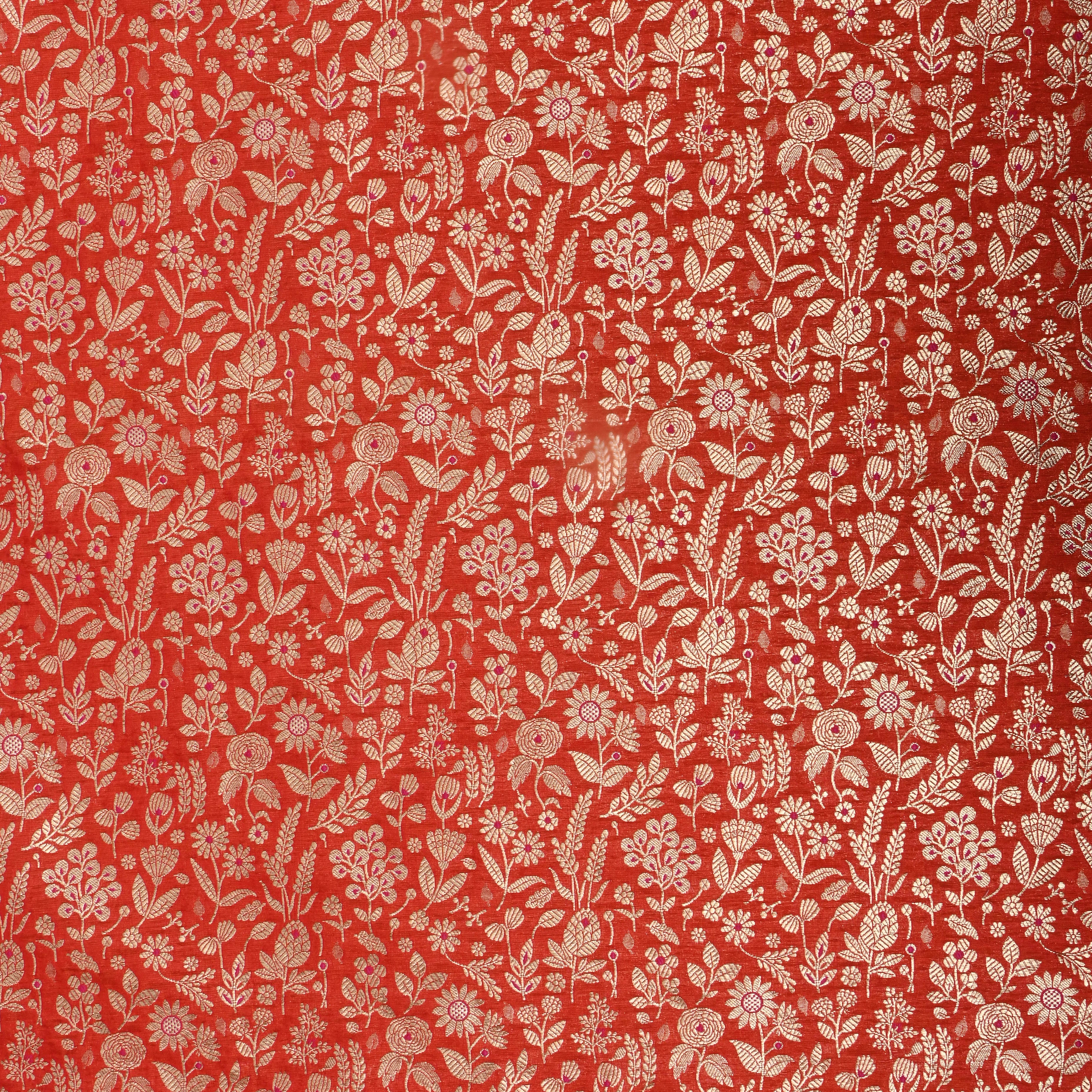Rich Orange Floral Jamawar Silk Fabric