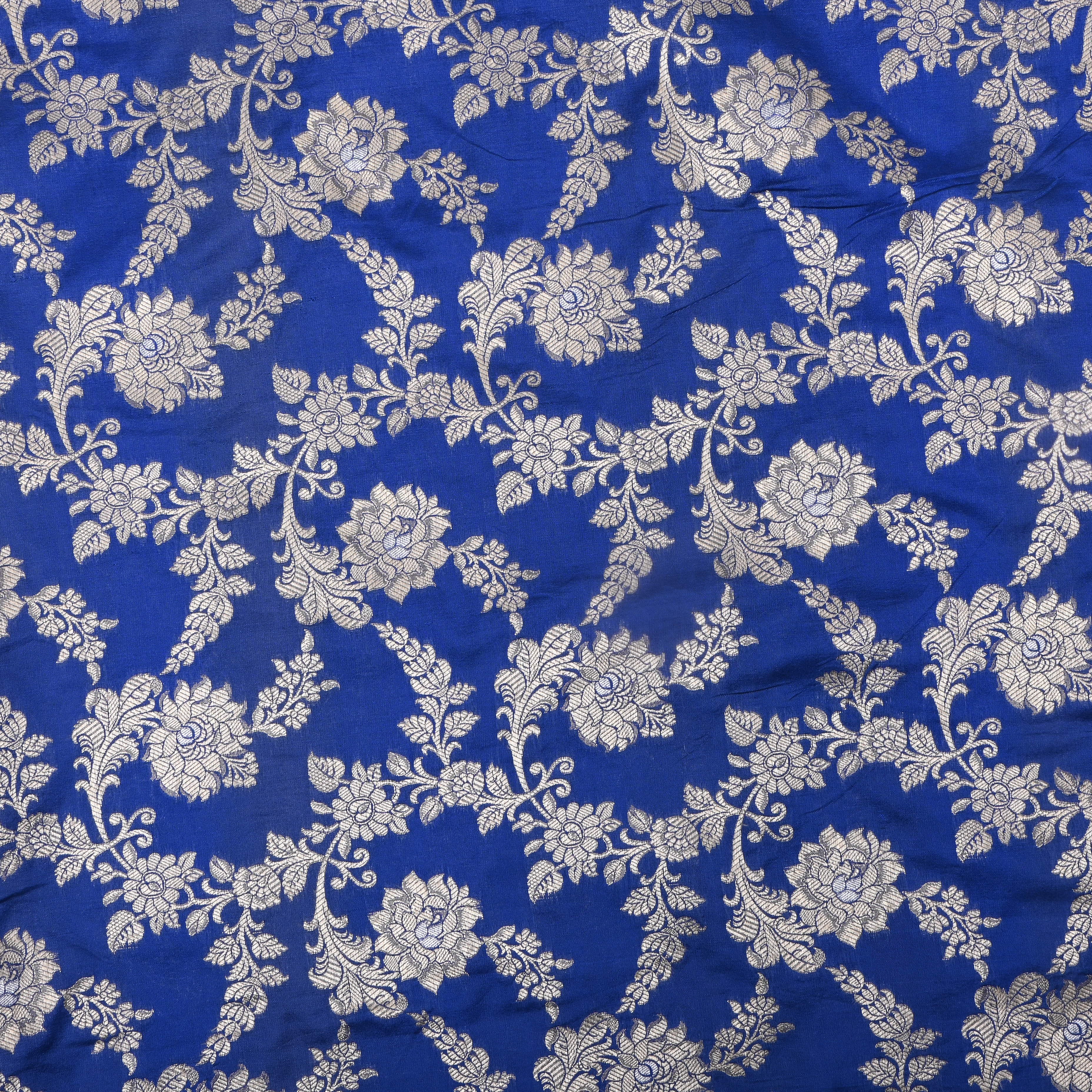Cobalt Blue Floral Zari Woven Jamawar Silk Fabric