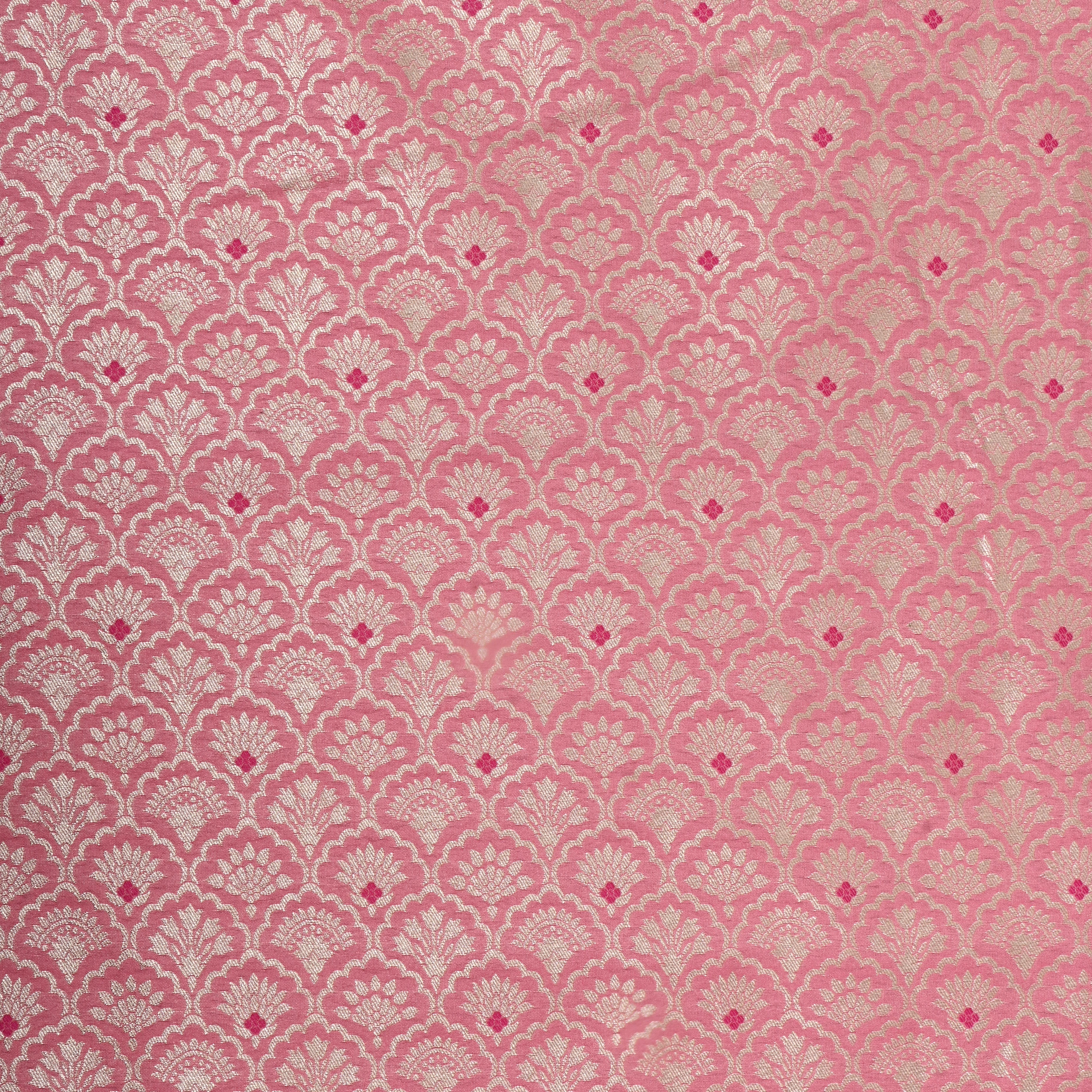 Taffy Pink Jamawar Weave Floral Silk Fabric