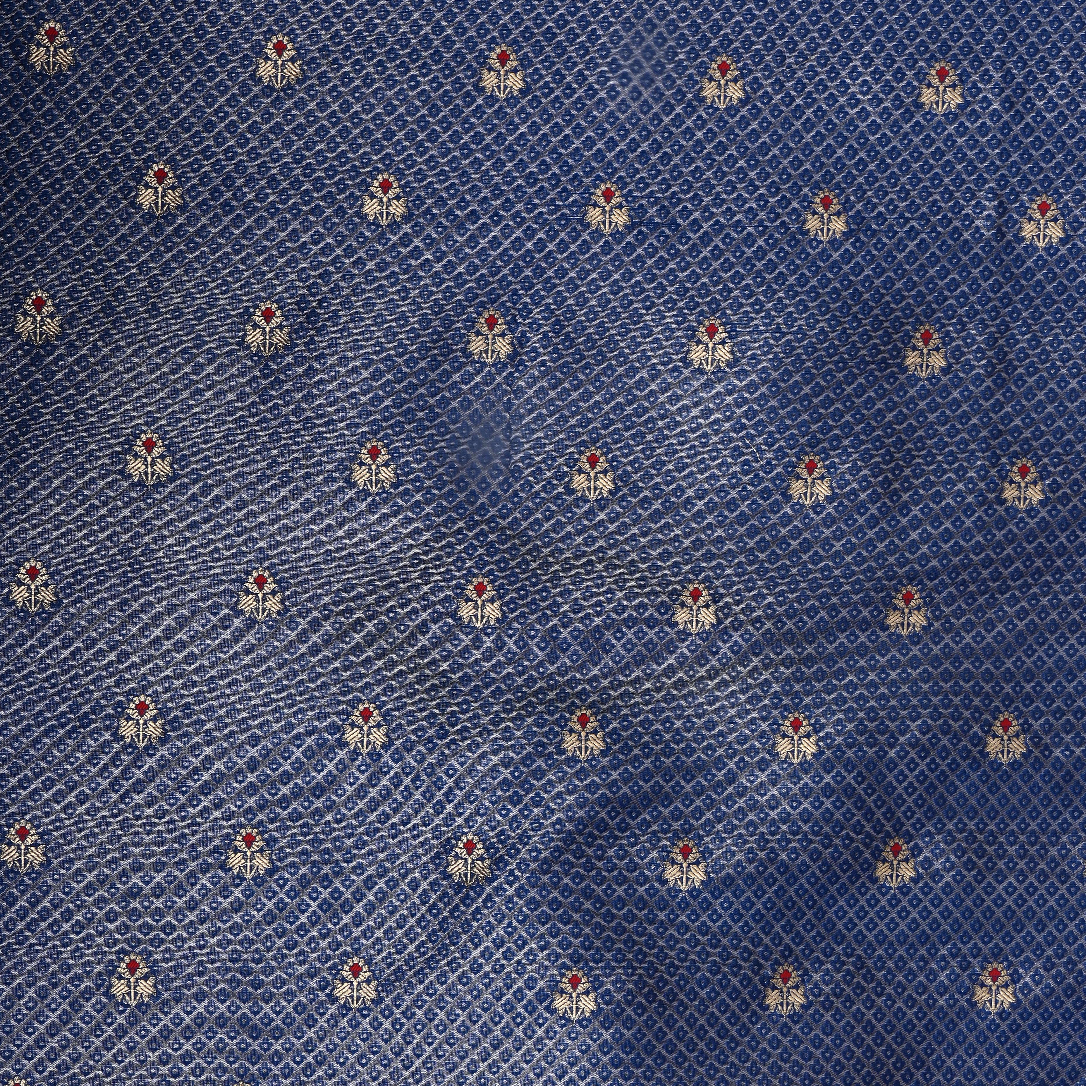 Rich Blue Floral Jamawar Silk Fabric