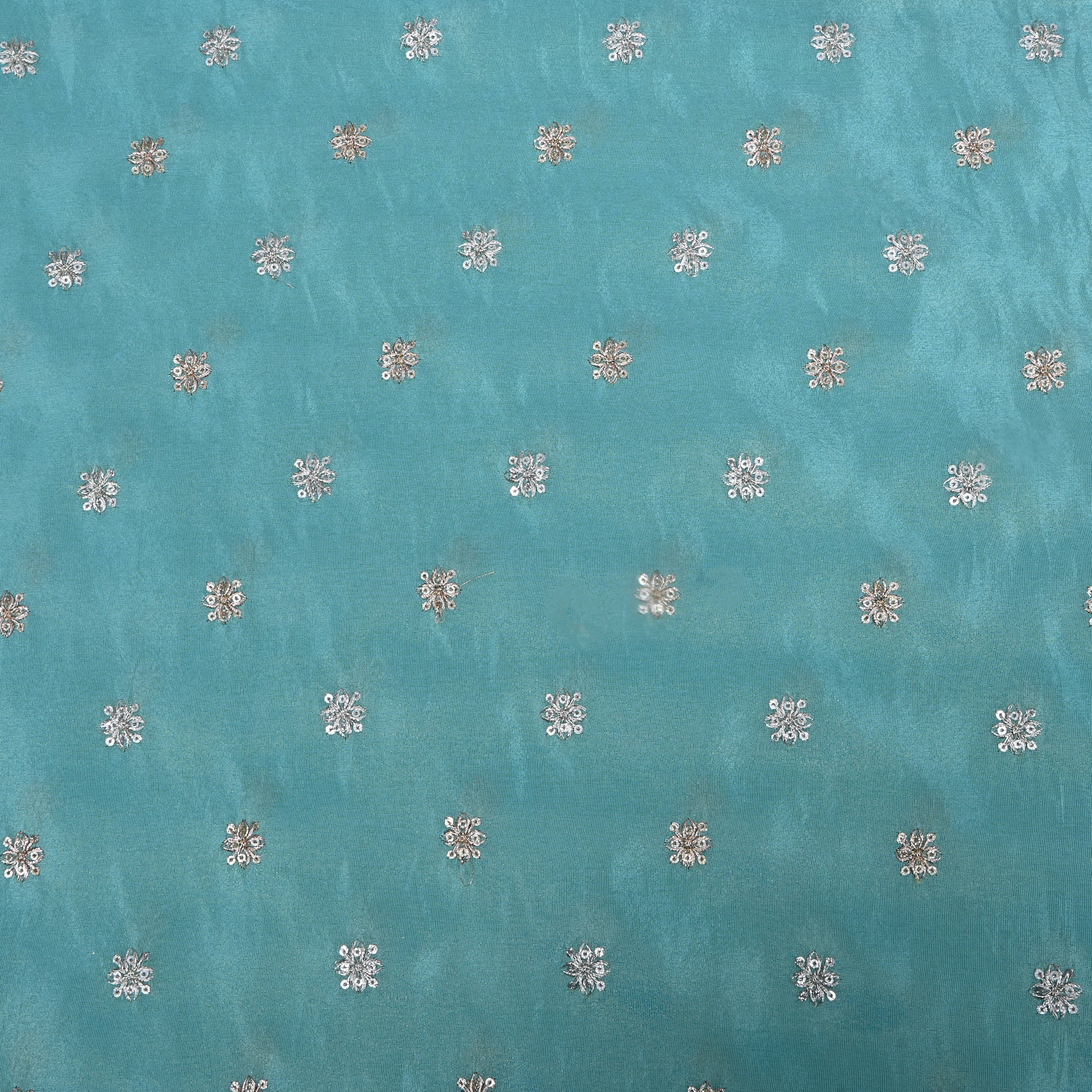 Turquoise Blue Zari Embroidered Tissue Fabric