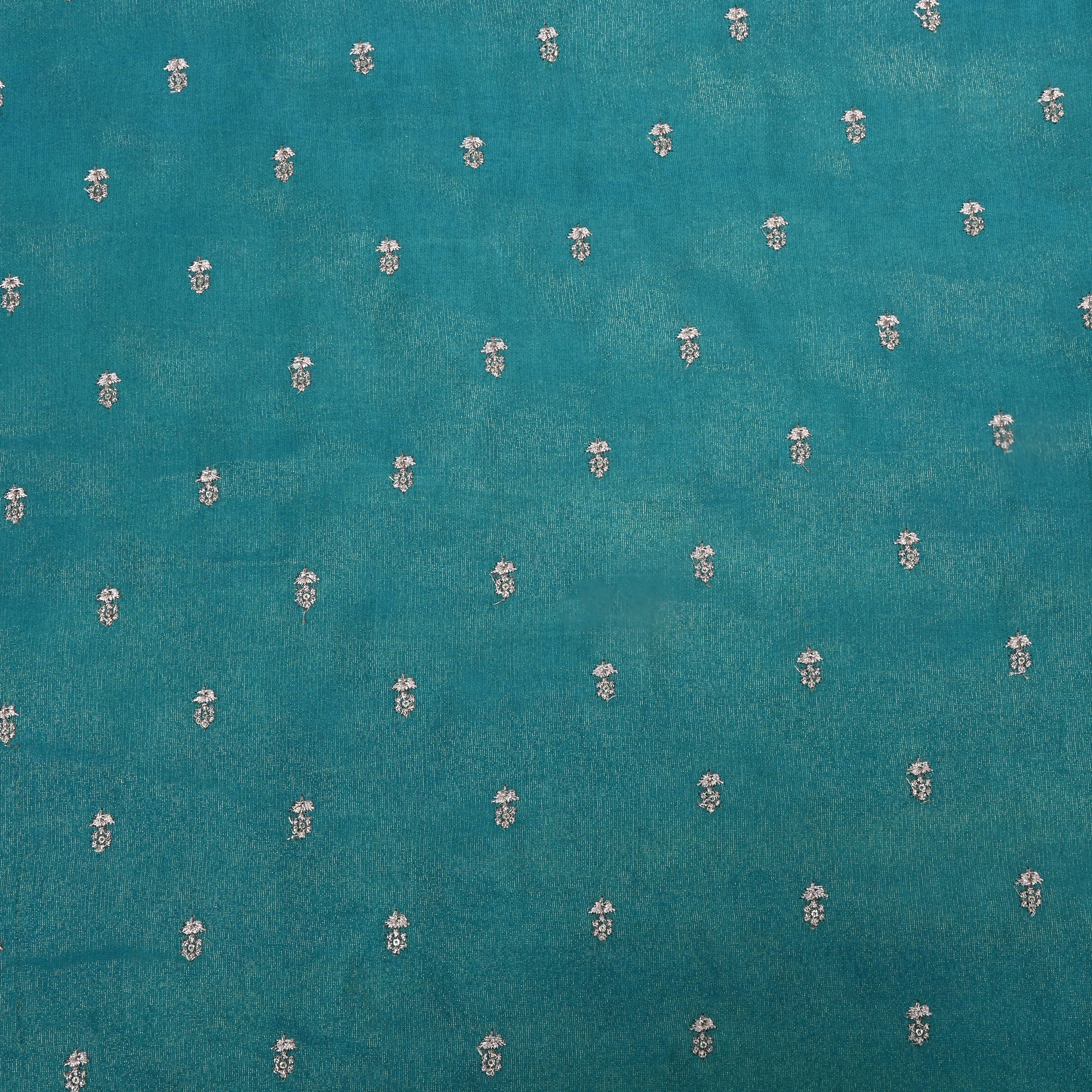 Teal Blue Embroidered Floral Tissue Fabric