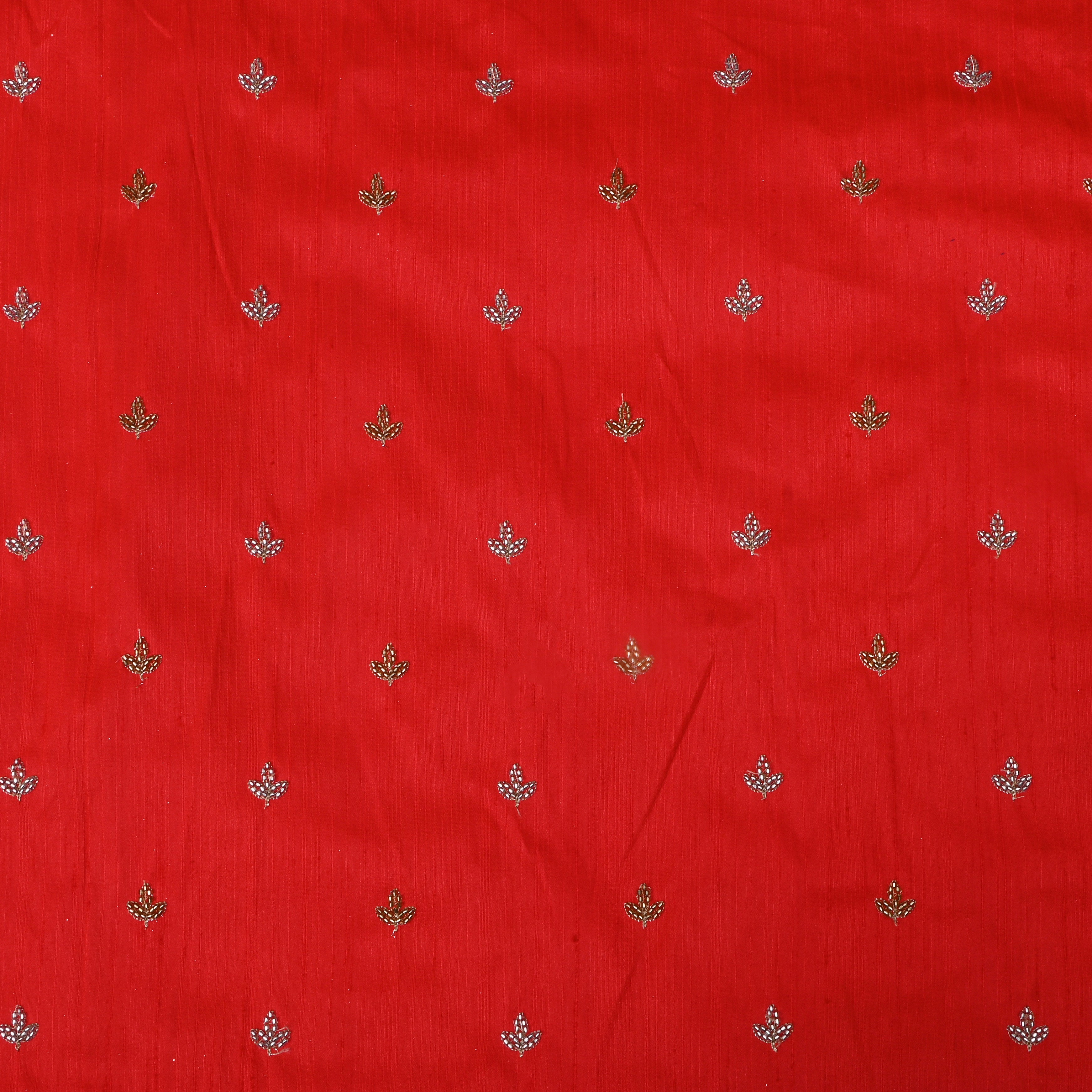 Bright Red Floral Embroidered Dupion Silk Fabric