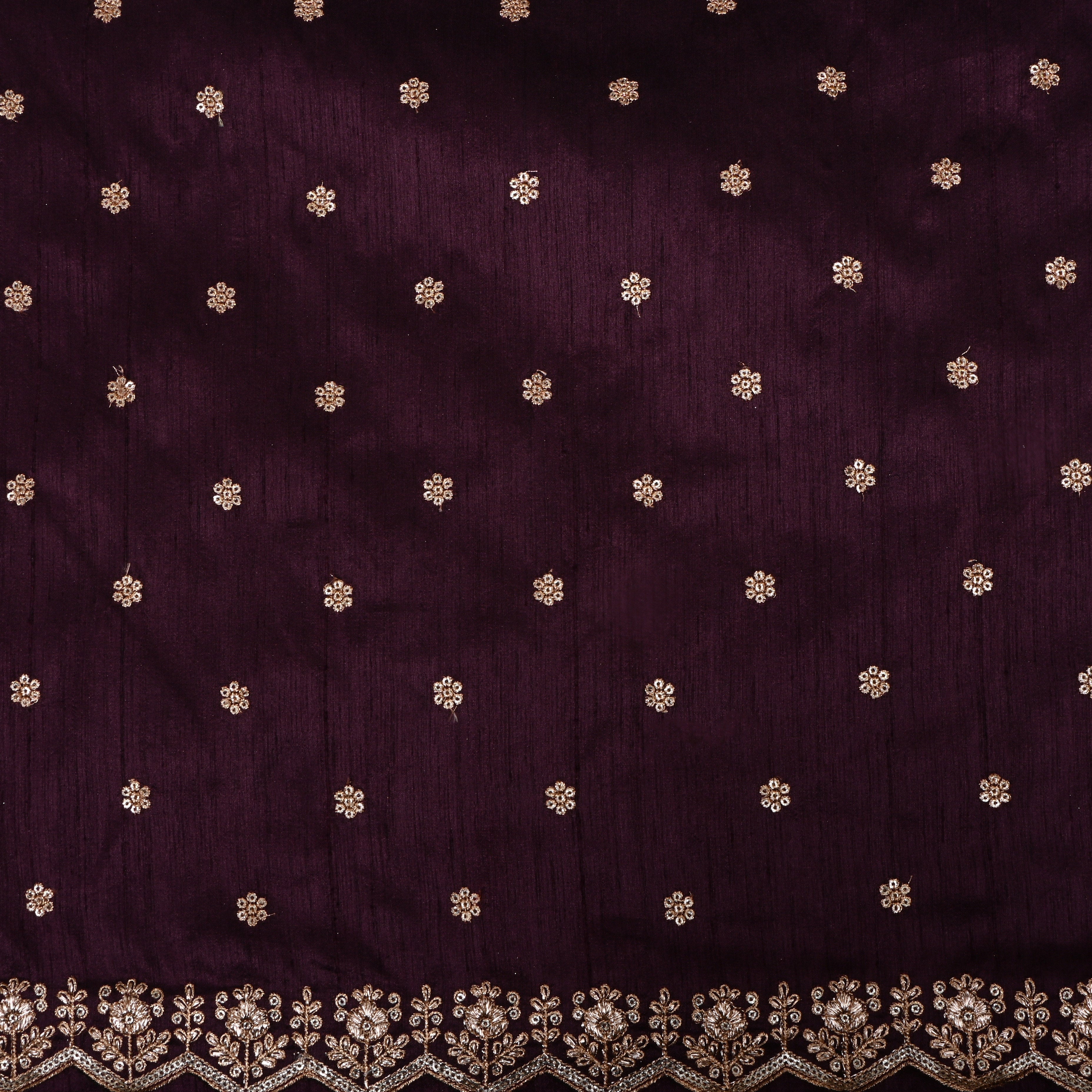 Deep Wine Zari Embroidered Dupion Silk Fabric