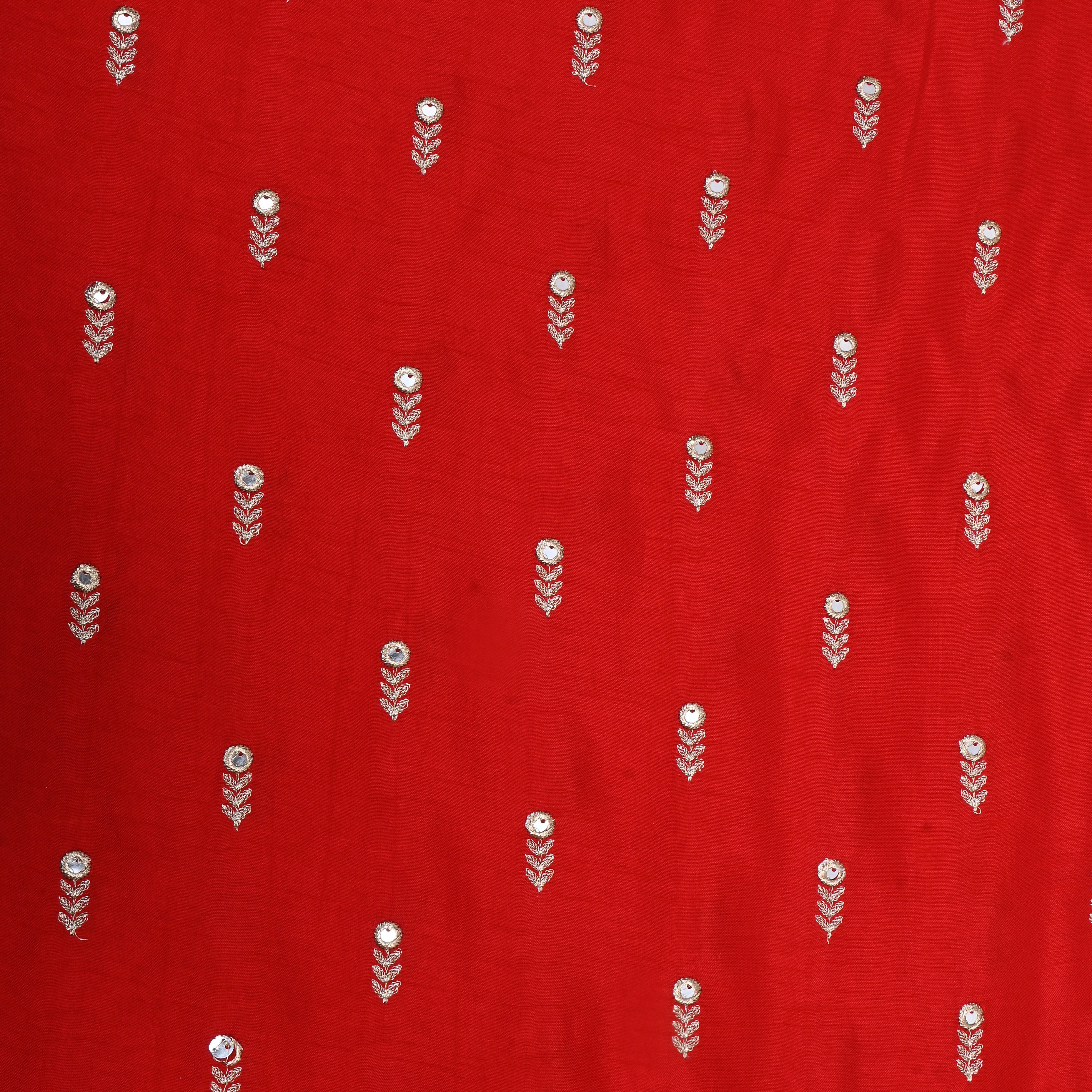 Cherry Red Floral Embroidered Silk Fabric