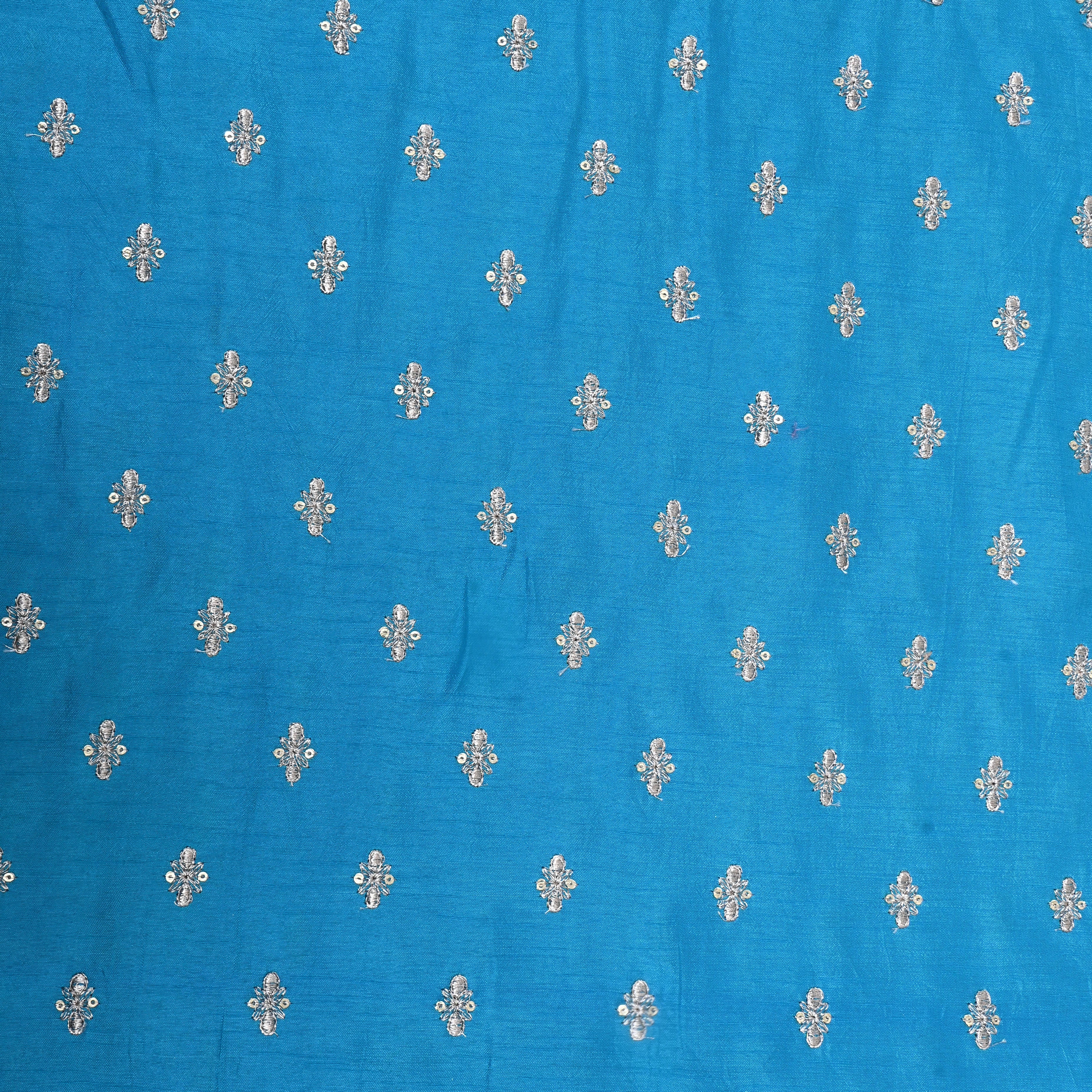 Turquoise Blue Floral Zari Embroidered Silk Fabric