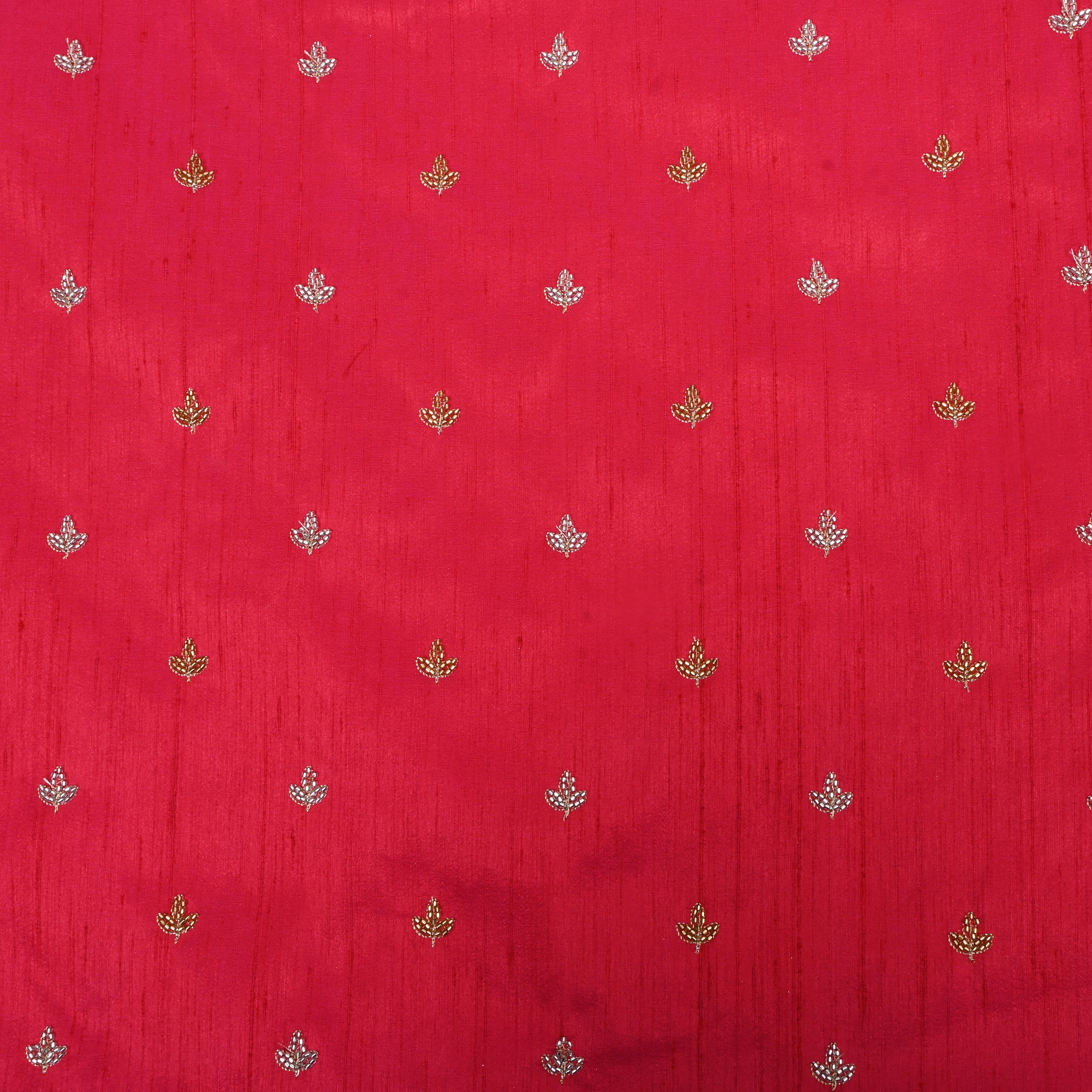 Bright Pink Floral Embroidered Dupion Silk Fabric