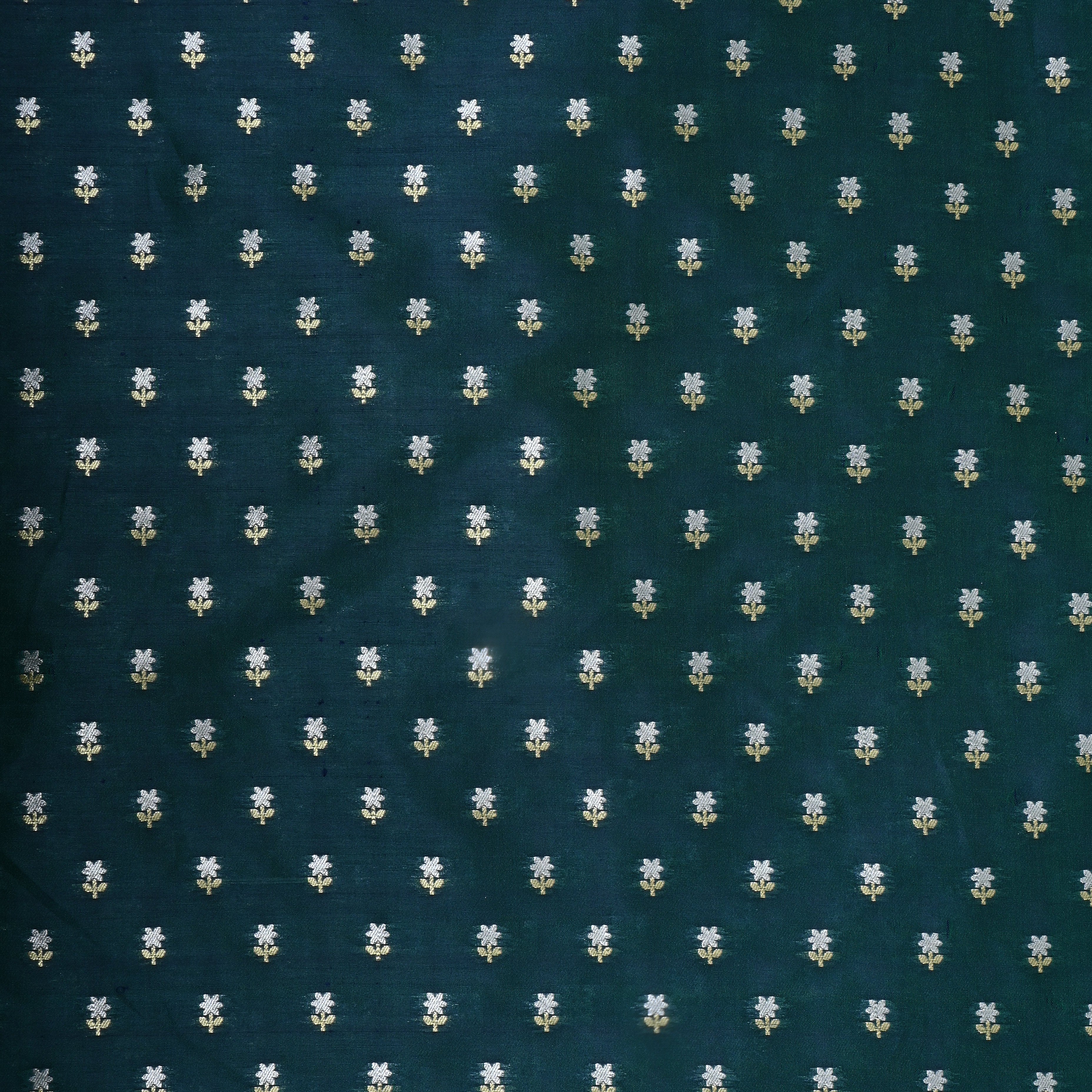 Teal Blue Floral Jamawar Silk Fabric