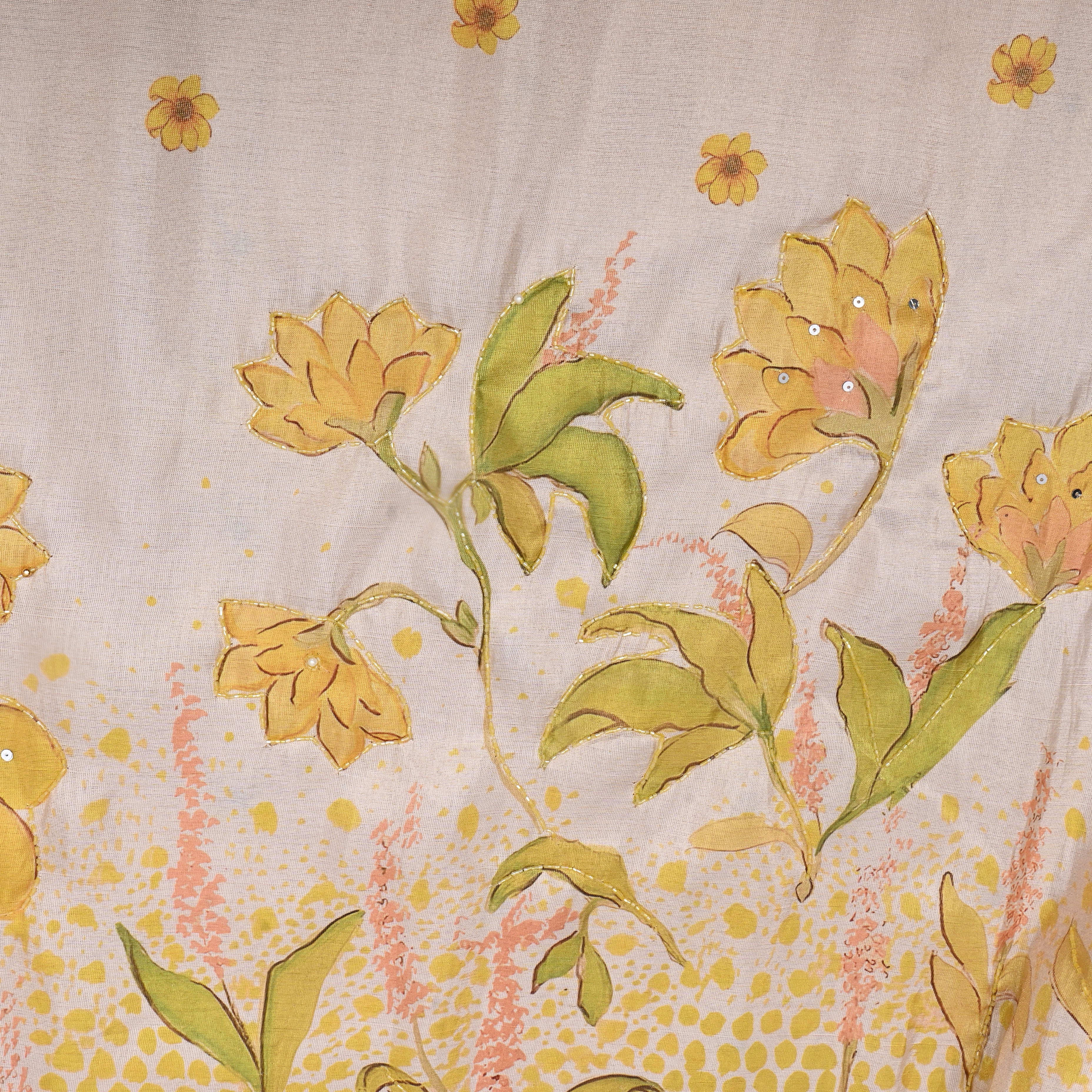 White And Yellow Floral Printed Tissue Fabric