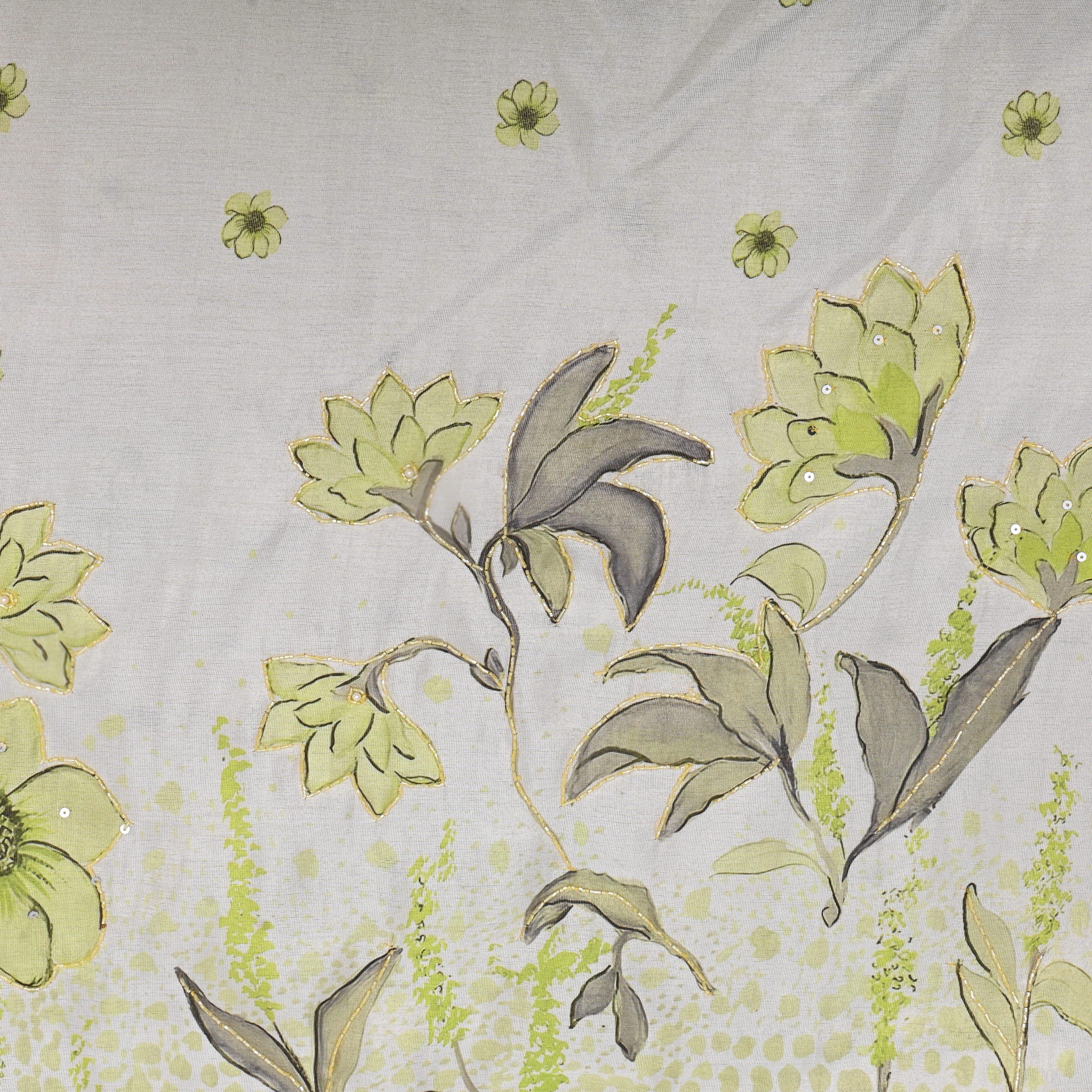 White And Green Floral Printed Tissue Fabric
