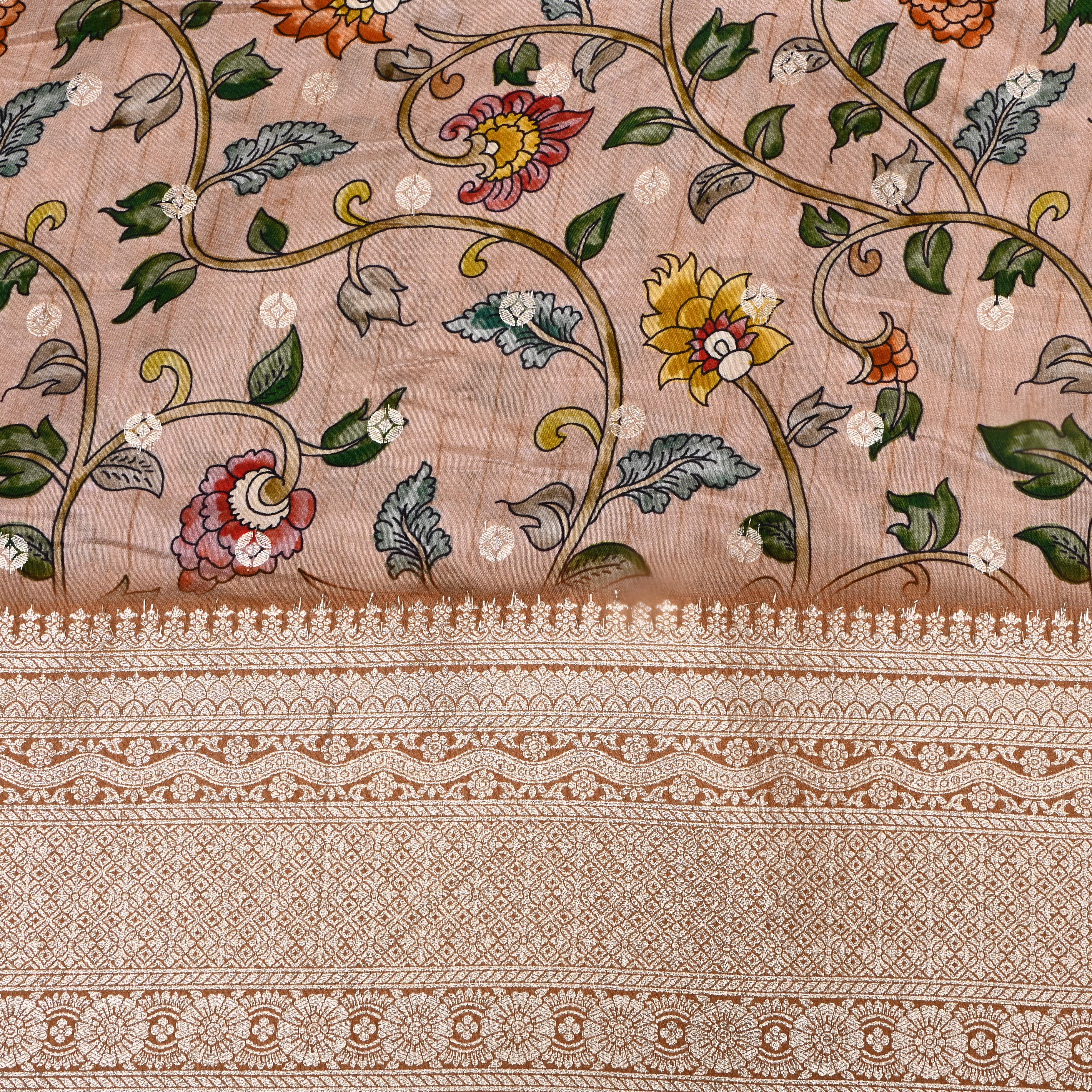 Soft Beige Printed Floral Silk Fabric
