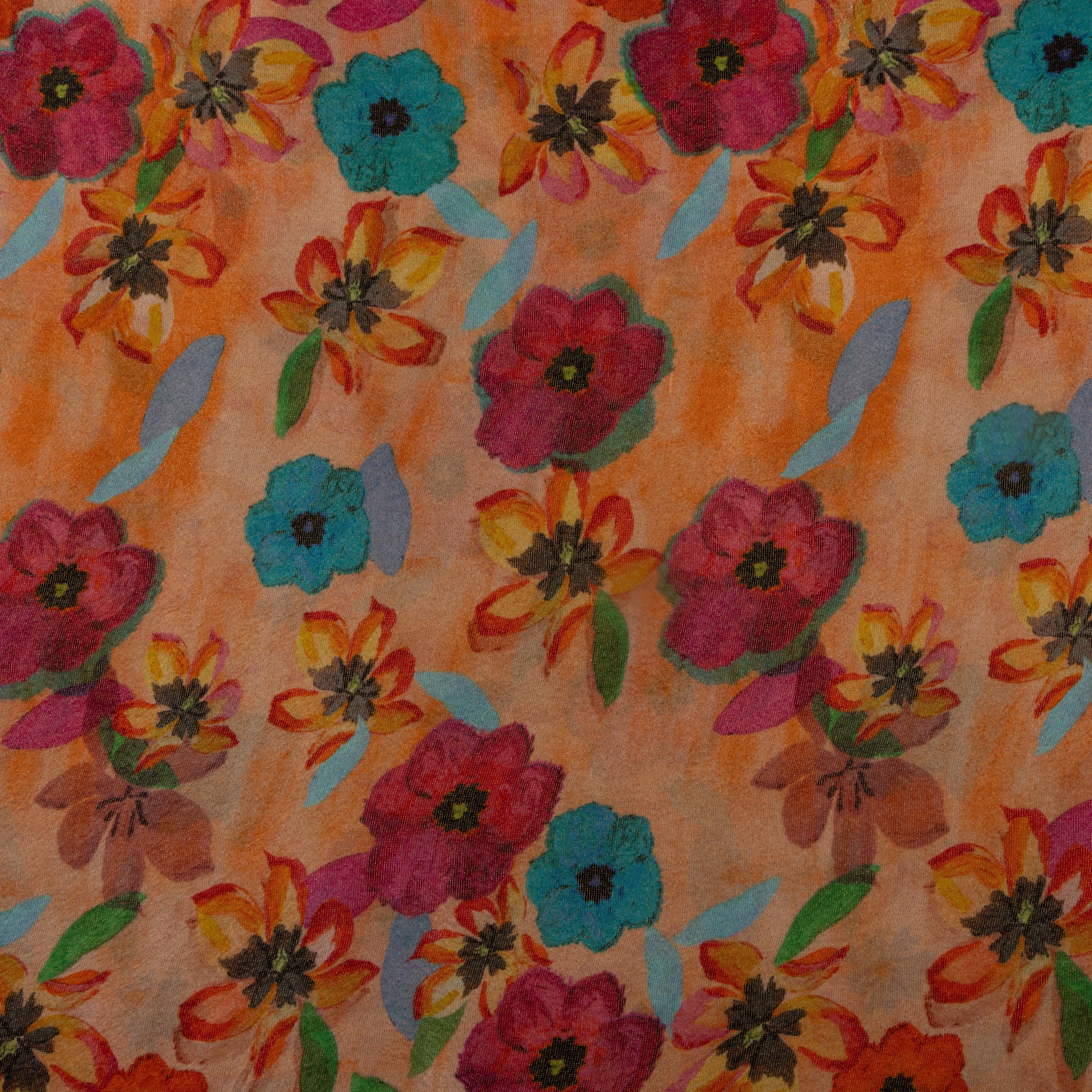 Multicolour Orange Floral Printed Tissue Fabric