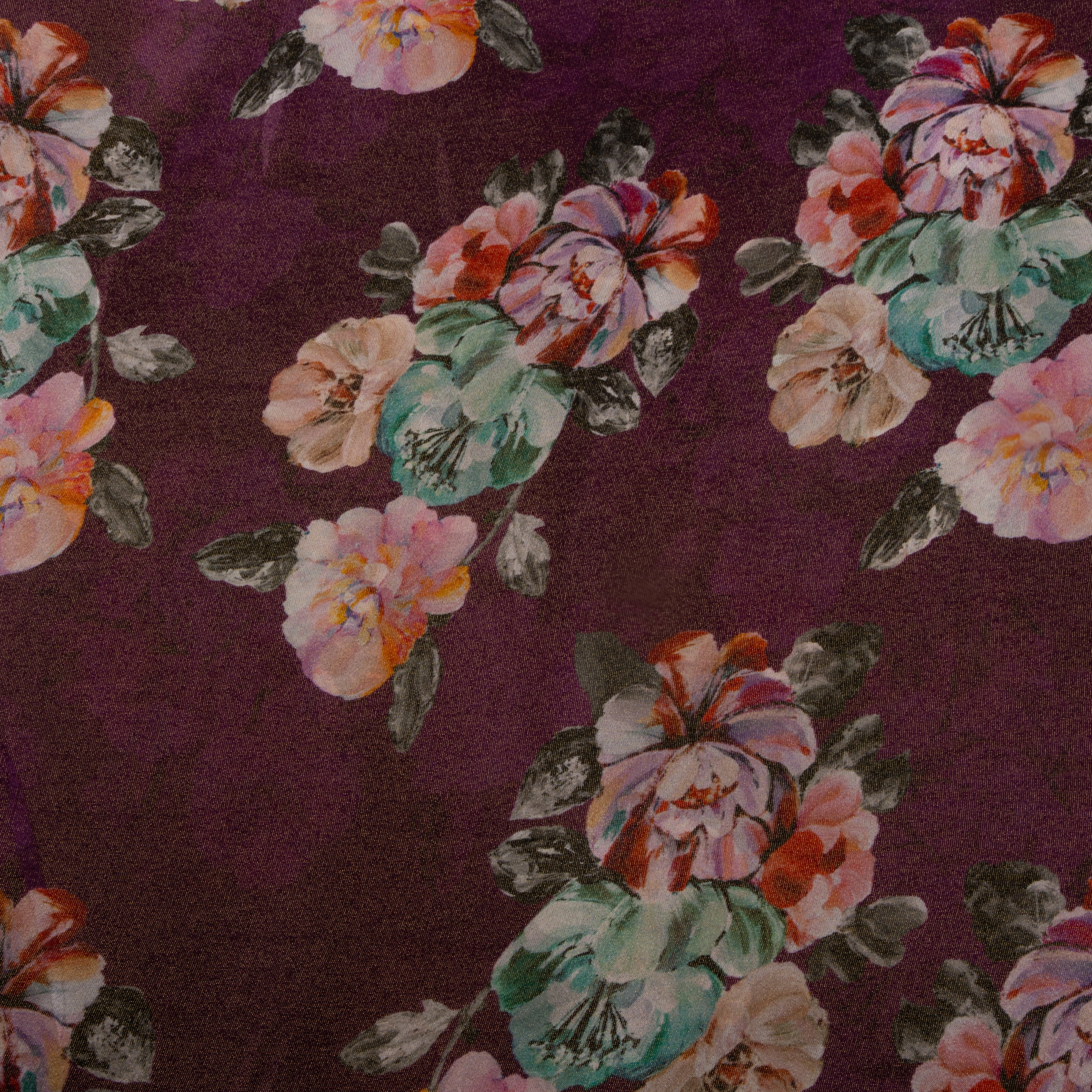 Plum Purple Digital Printed Floral Tissue Fabric