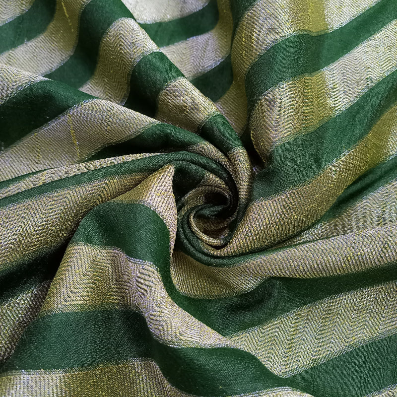 Pine Green And Gold Color Stripes Jamawar Silk Fabric