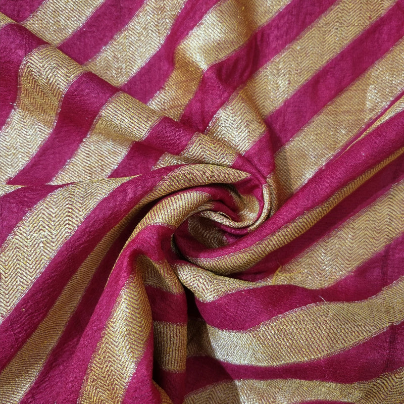 Deep Gulabi Pink And Gold Striped Brocade Silk Fabric