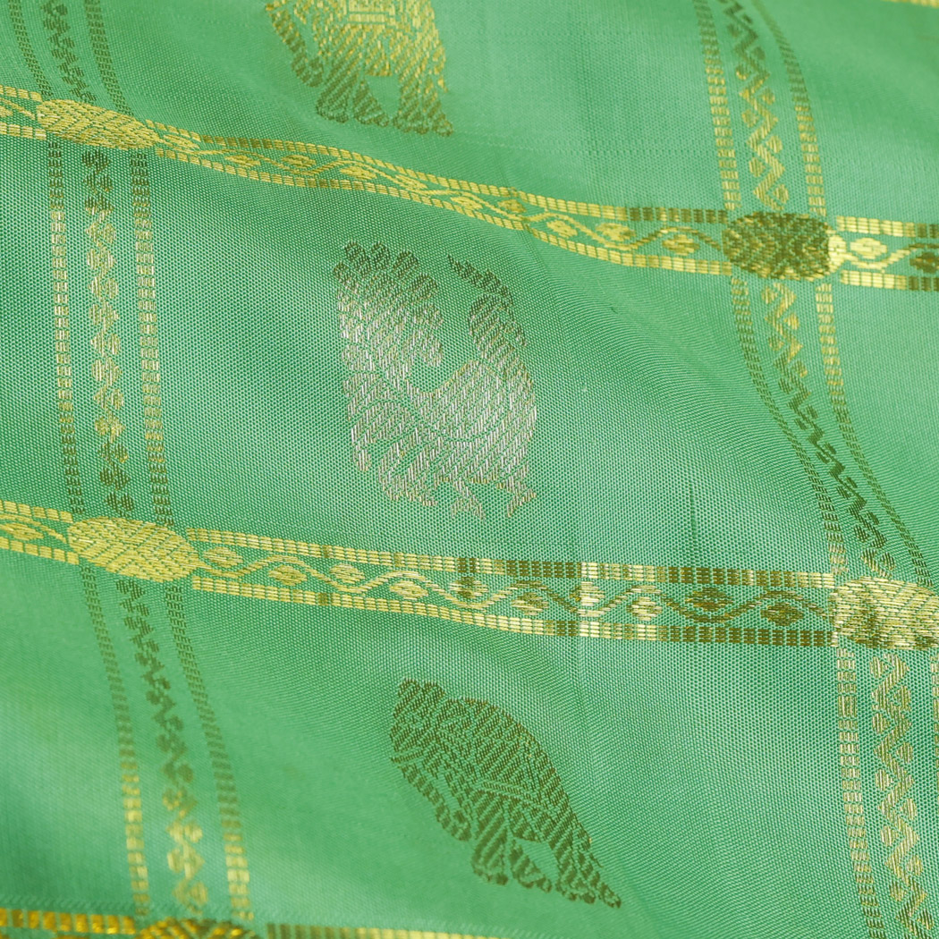 Seafoam Green Color Silk Fabric With Bird Motifs In Checks Pattern