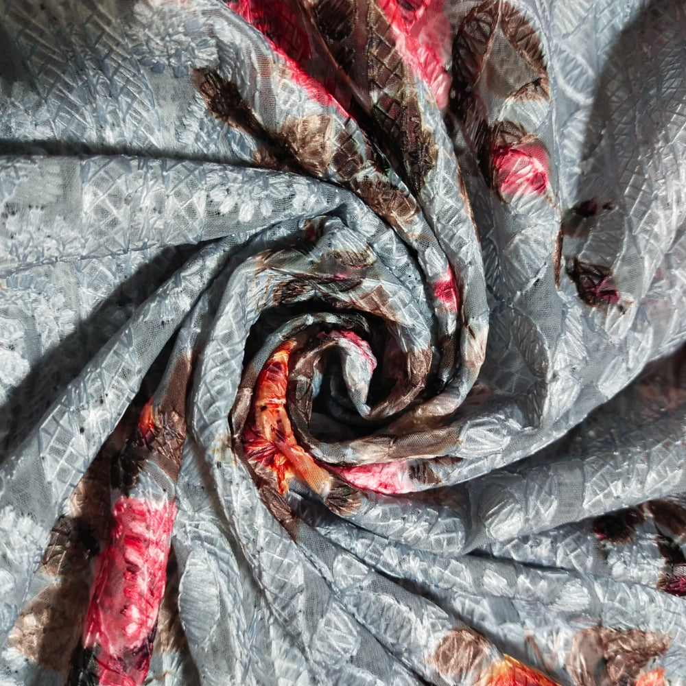 Bluish Grey Multicolor Floral Print with Chikankari Work Georgette Fabric