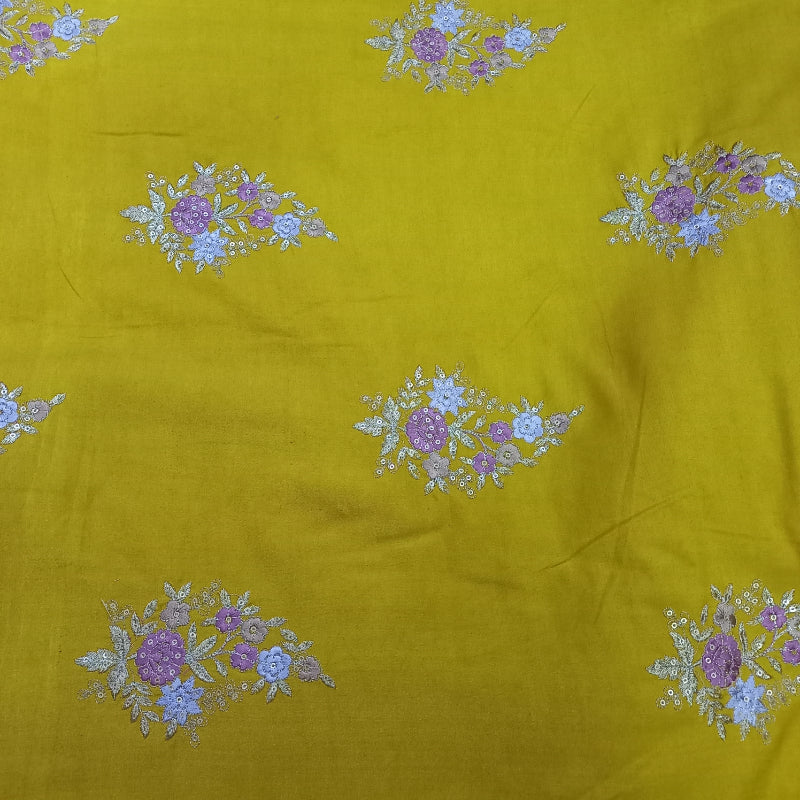 Mustard Yellow Silk Embroidery Floral Buttas Fabric