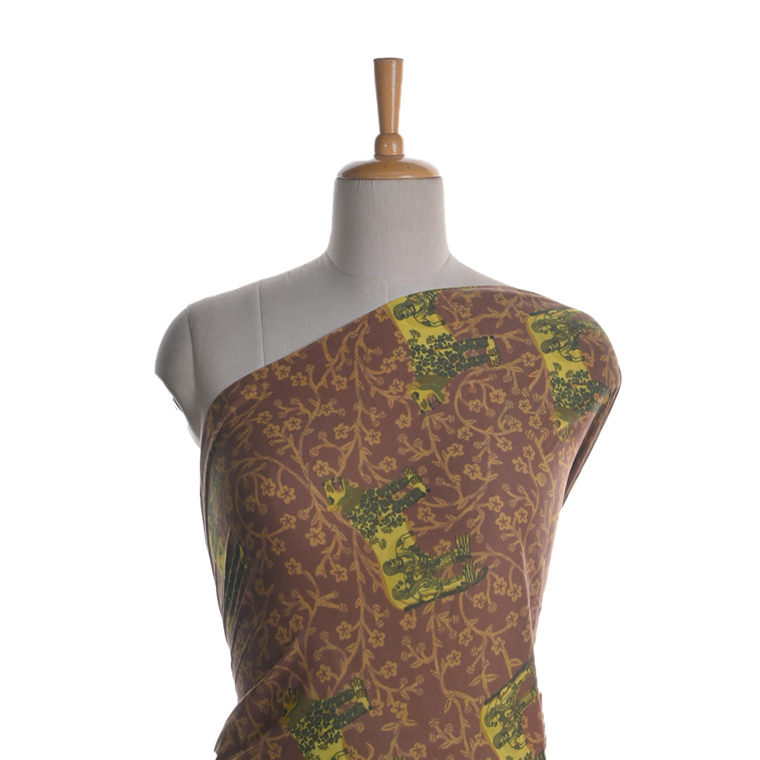 Deep Brown Printed Shikaar Bagh Chanderi Fabric