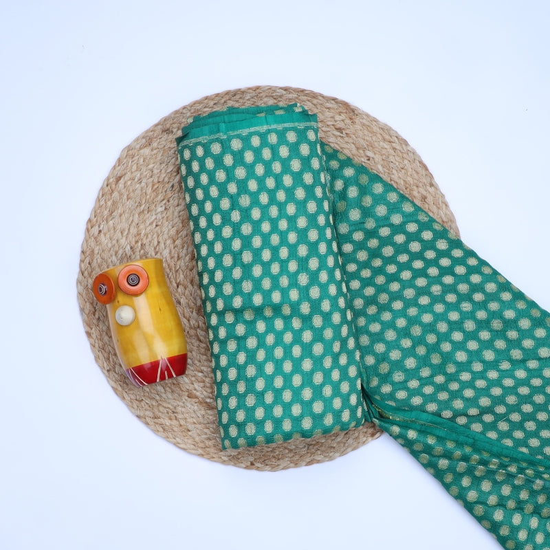 Peacock Green Jamawar Silk Fabric With Round Buttas