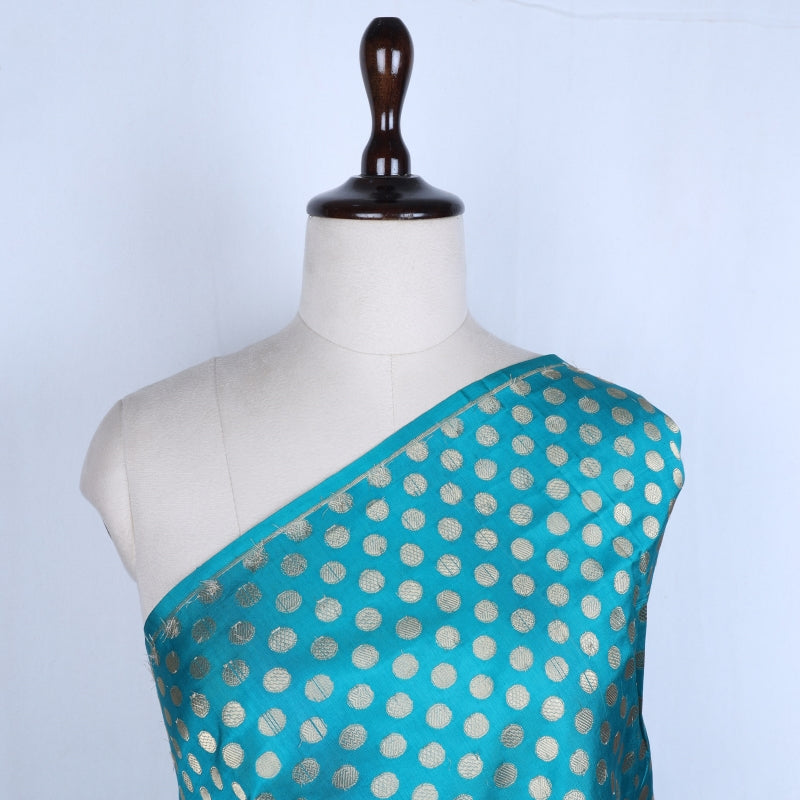 Teal Blue Jamawar Silk Fabric With Round Buttas