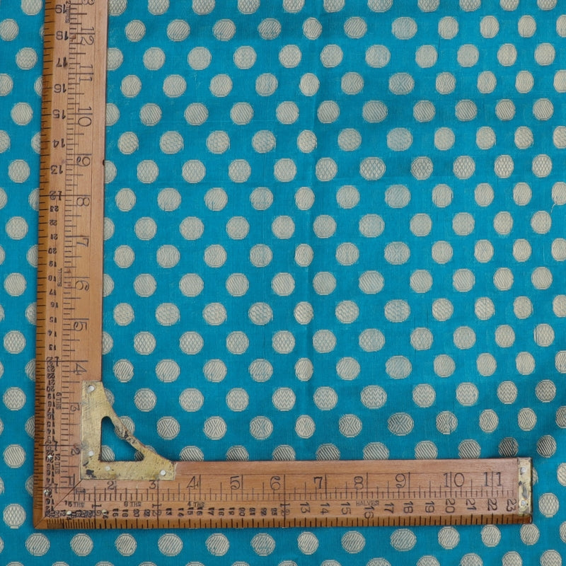 Teal Blue Jamawar Silk Fabric With Round Buttas