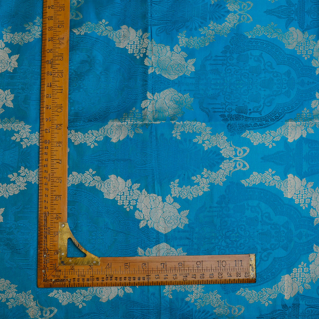Cerulean Blue Satin Silk Fabric With Floral Jaal Pattern