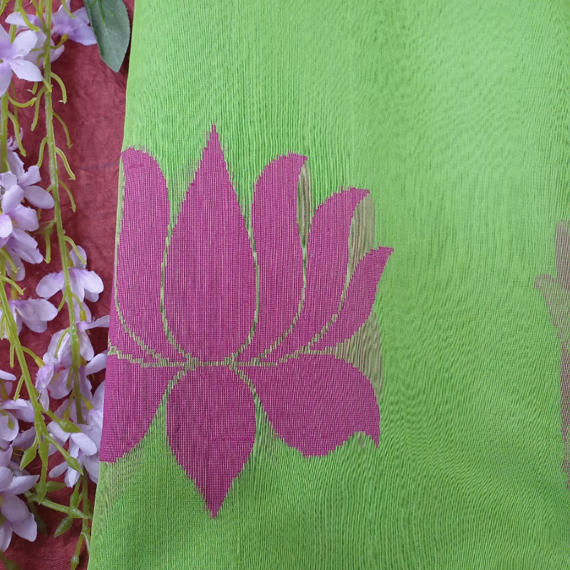Light Lawn Green Chanderi Fabric With Lotus Motifs