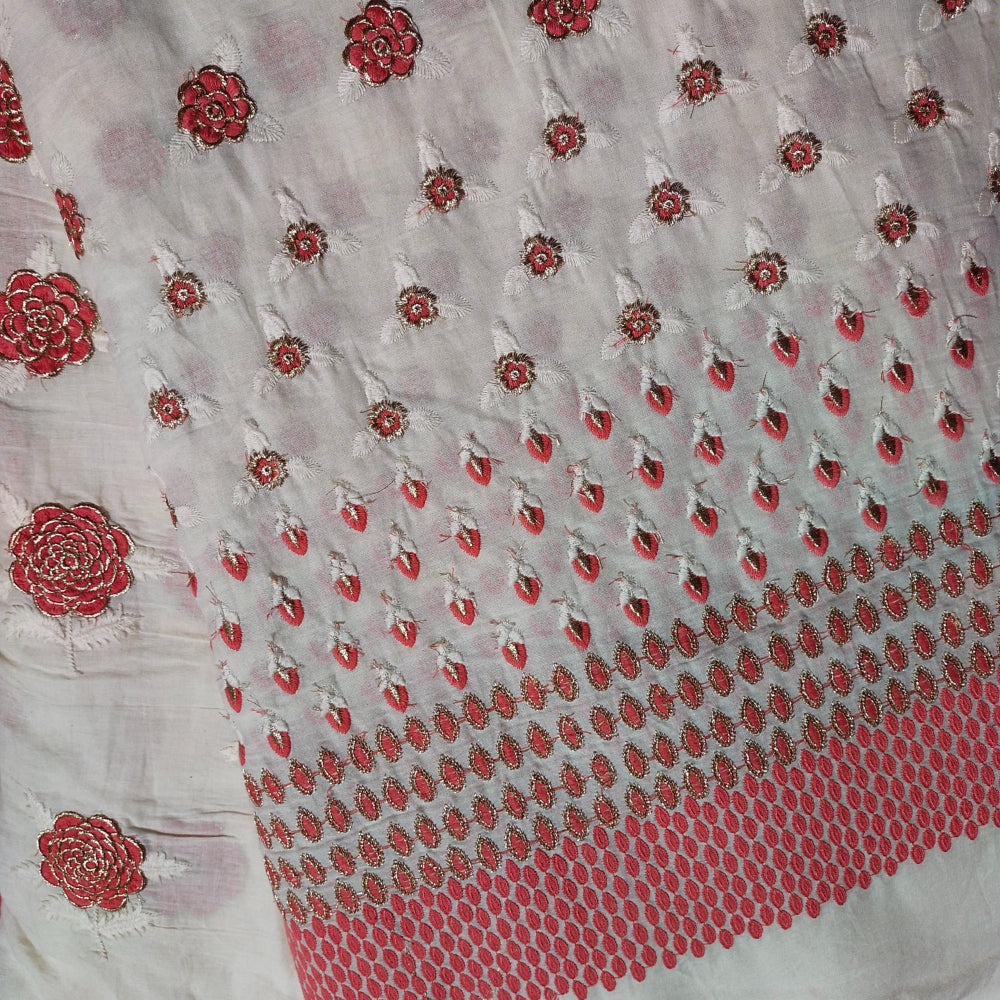 Pearl White Thread With Zari Butti Embroidery Cotton Fabric