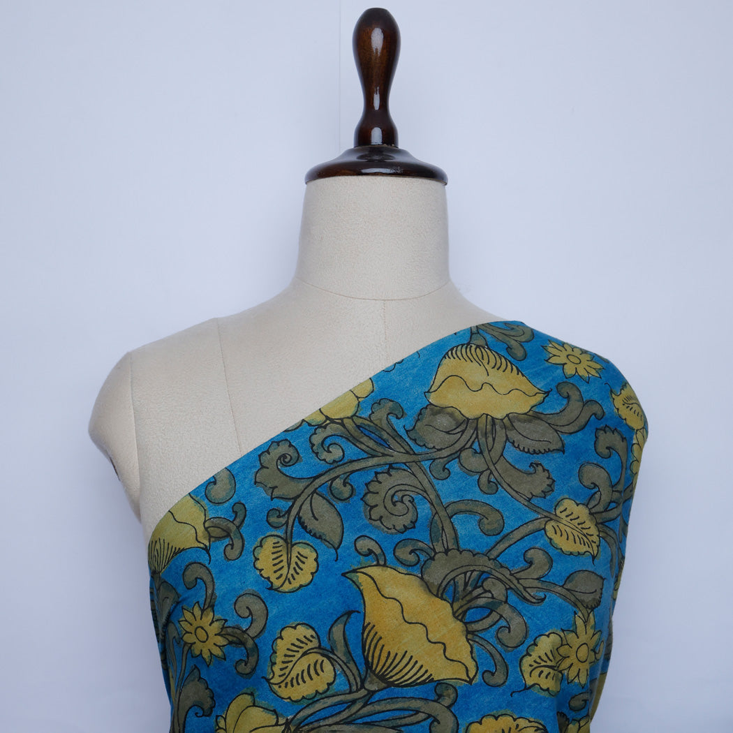 Azure Blue Floral Printed Dupion Silk Fabric