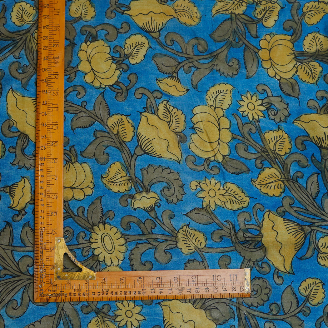 Azure Blue Floral Printed Dupion Silk Fabric