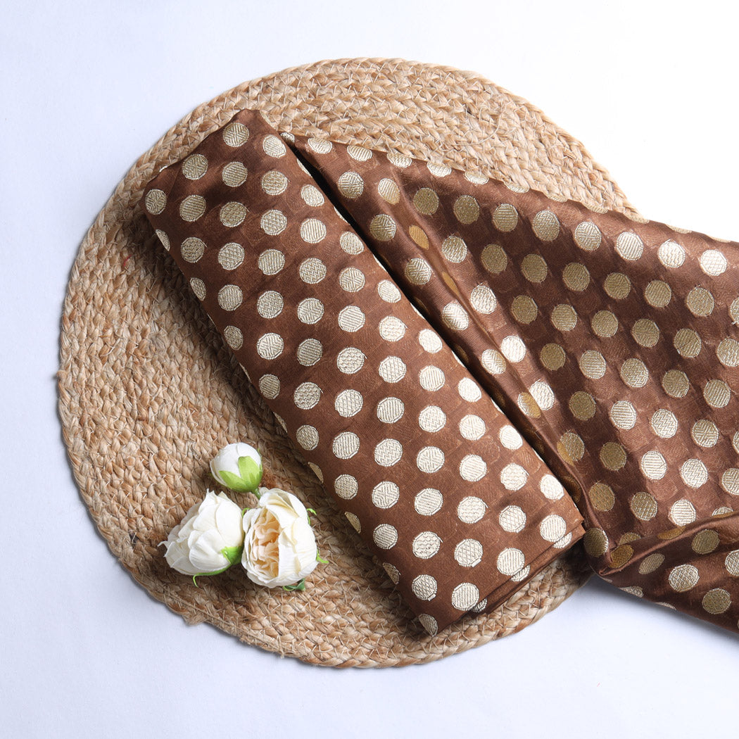 Dark Brown Banarasi Silk Fabric With Polka Dots