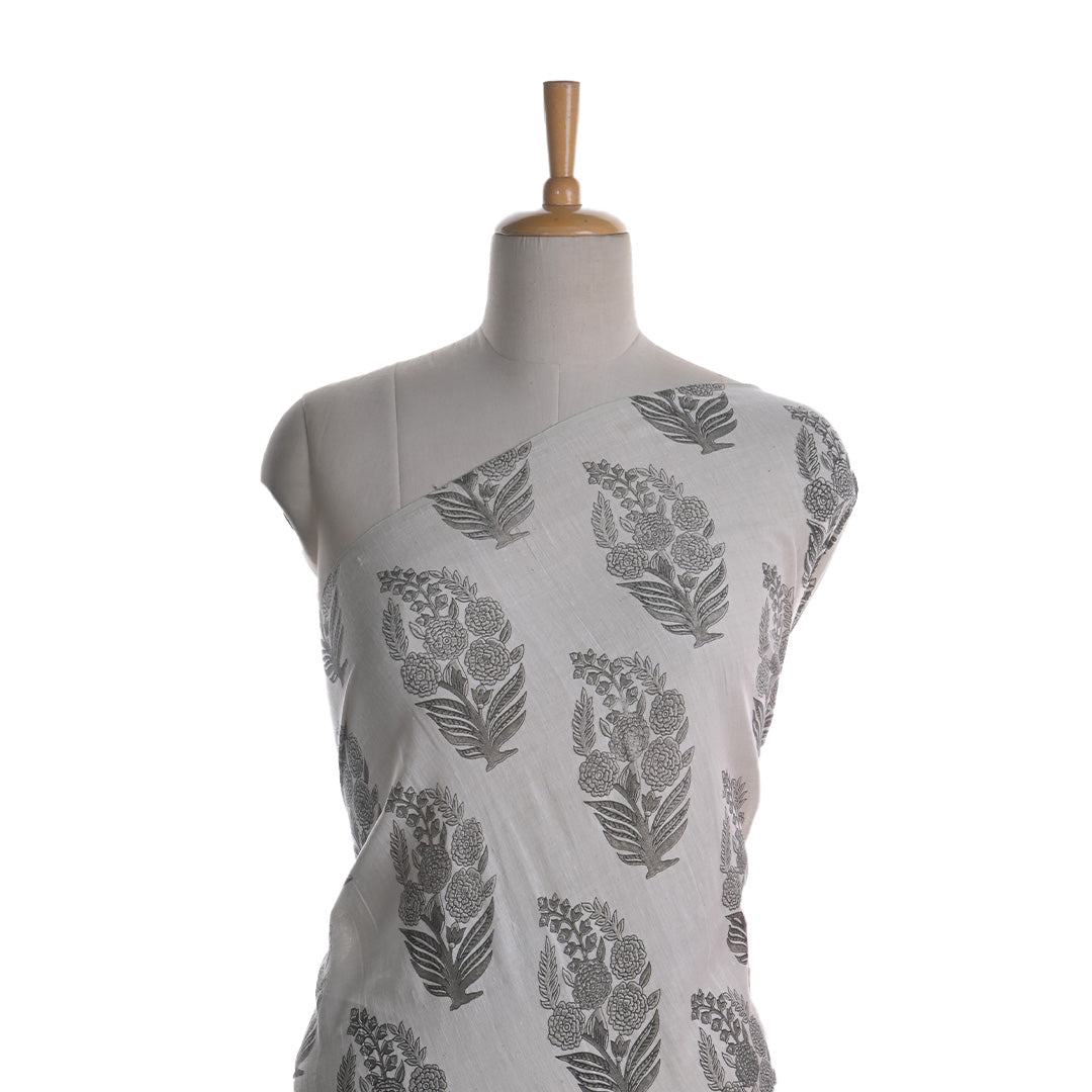 Mercury White Printed Floral-Paisley Cotton Fabric