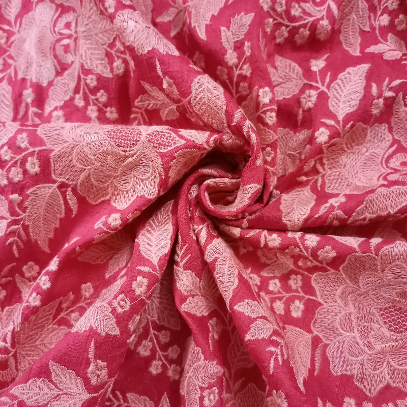 Red Thread Floral-Jaal Embroidery Dupion Silk Fabric