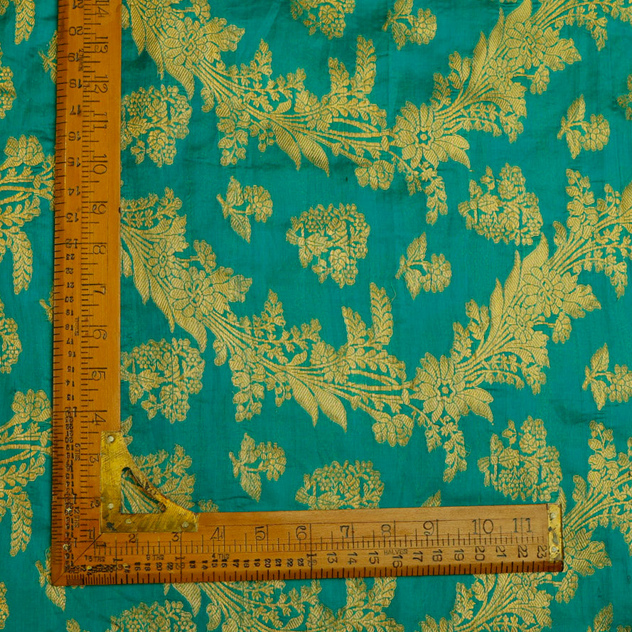 Teal Green Silk Fabric With Floral Patterns