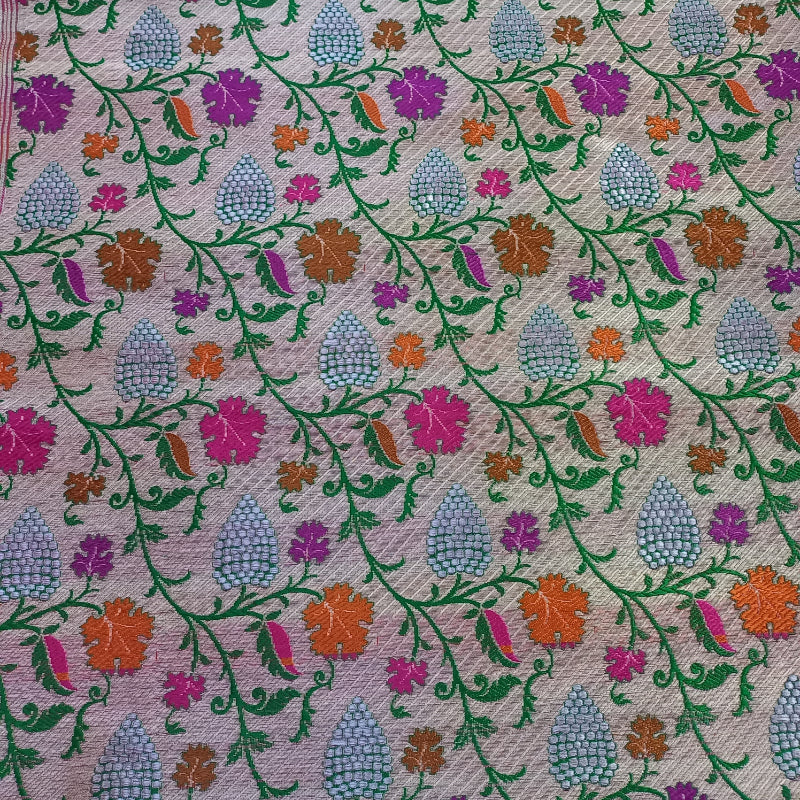 Silver Color Jamawar Weave Silk Fabric