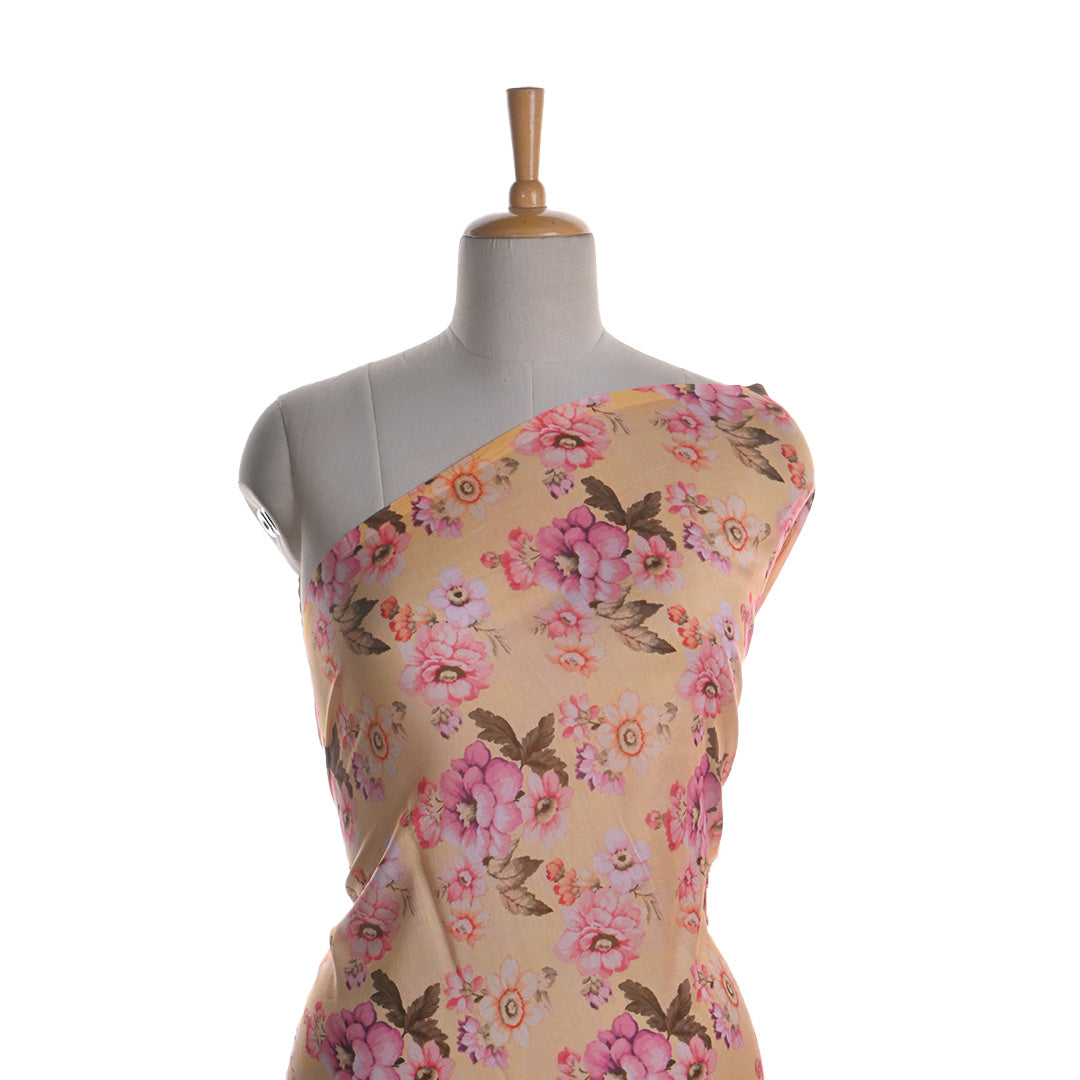 Spanish Yellow Printed Floral Chanderi Fabric